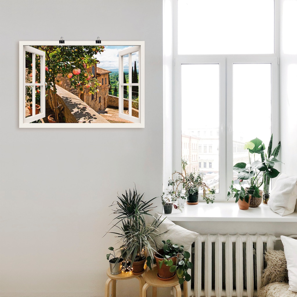 Artland Wandbild »Fensterblick Rosen auf Balkon Toskana«, Garten, (1 St.)