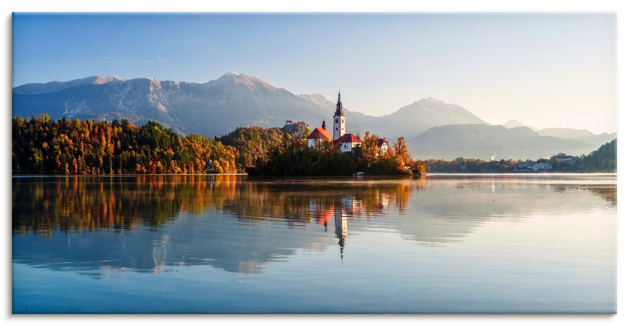 Wandbild ARTLAND, B:40cm H:20cm T:1,7cmfarbe bild(er): blau, Leinwand, Wohnzimmer, Bilder, "Herbst am Bleder See Slowenien", als Alubild,