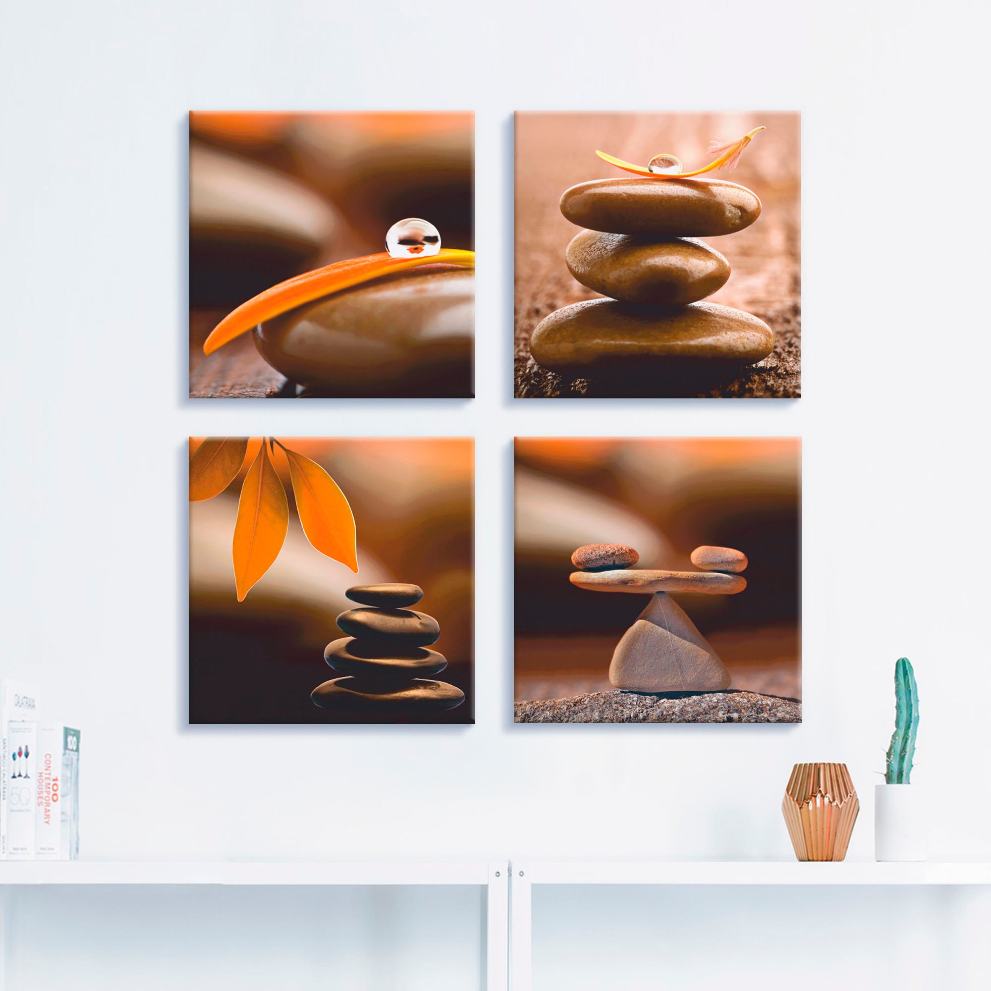 Artland Leinwandbild »Blumenblatt Tropfen Zen Pyramide Waage«, Zen, (4 St.), 4er Set, verschiedene Größen