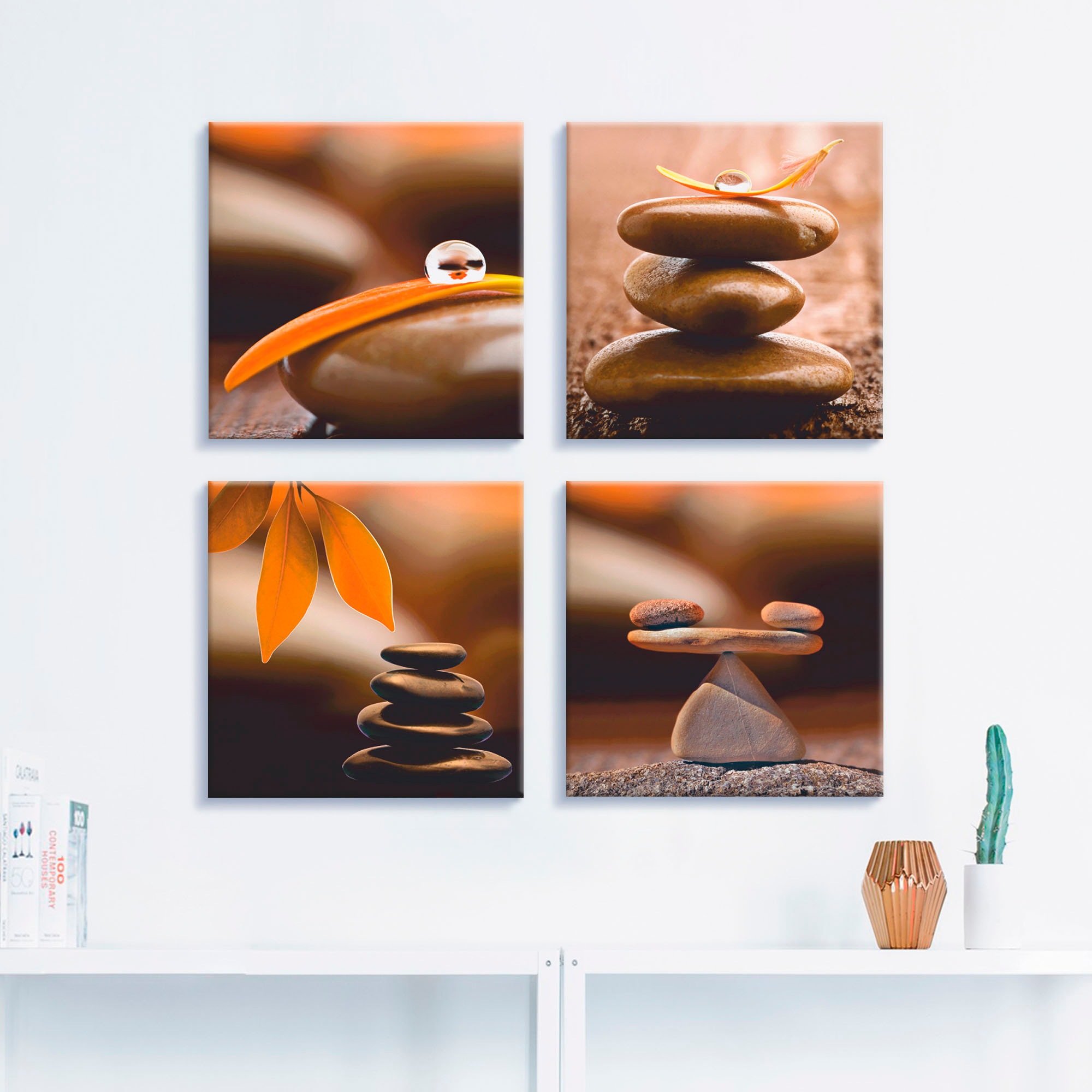 Artland Leinwandbild "Blumenblatt Tropfen Zen Pyramide Waage", Zen, (4 St.) günstig online kaufen