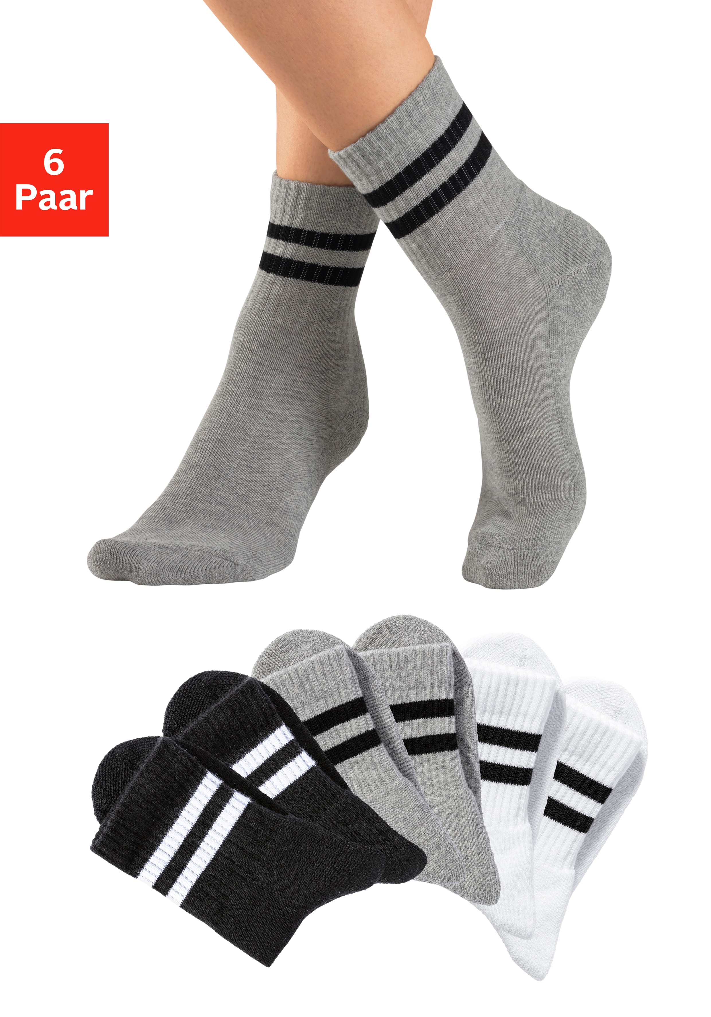 H.I.S Sportsocken "Damen Herren Jugendliche Tennissocken, Fitnesssocken" Packung, 6 Stk. tlg. klassische Retro Tennissocken mit Ringel