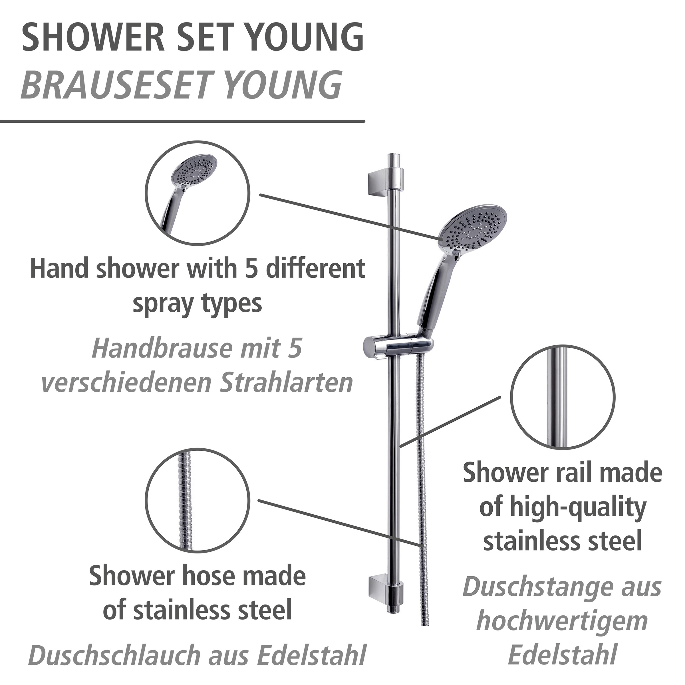 WENKO Stangenbrause-Set »Young«, Chrom, Länge Stange: 66 cm