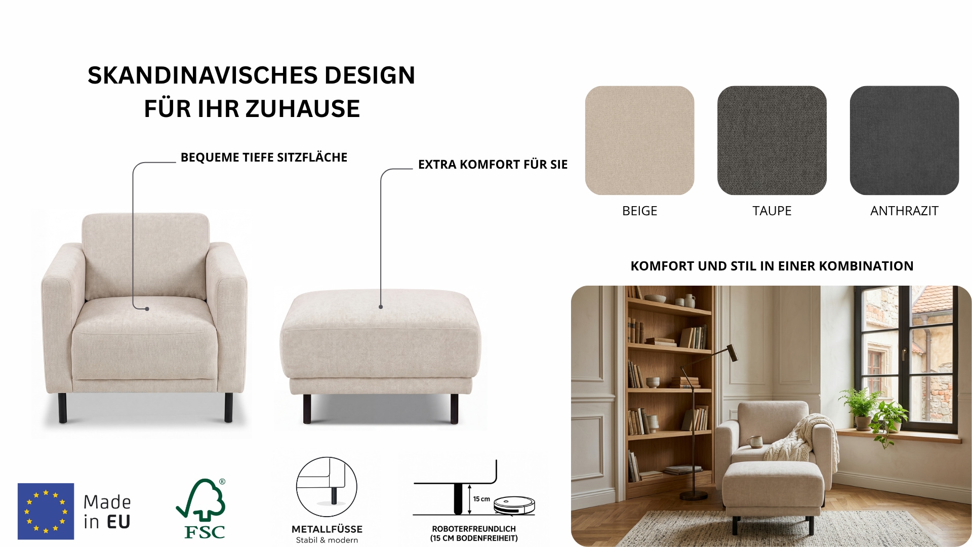 OTTO home Sessel »Sveeva, Breite 78 cm, schwarze Metallfüße« langlebiger Strukturstoff, viele Farben zur Auswahl