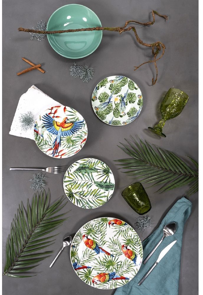 Villa d'Este Tafelservice »Geschirr-Set, Service Parrot Jungle«, (Set, 18 tlg.), Speiseteller, Suppenteller, Dessertteller, 18 Teile, für 6 Personen