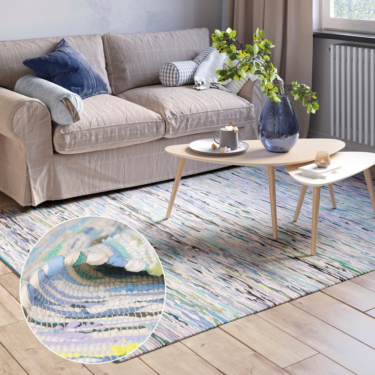 Teppich "Ameer", bunt (blau, grün mix), B:120cm H:10mm L:170cm, Baumwolle, Polyester, MYFLAIR MÖBEL & ACCESSOIRES, Teppiche, Teppich, Handweb Teppich, 90% Baumwolle, handgewebt, Scandi