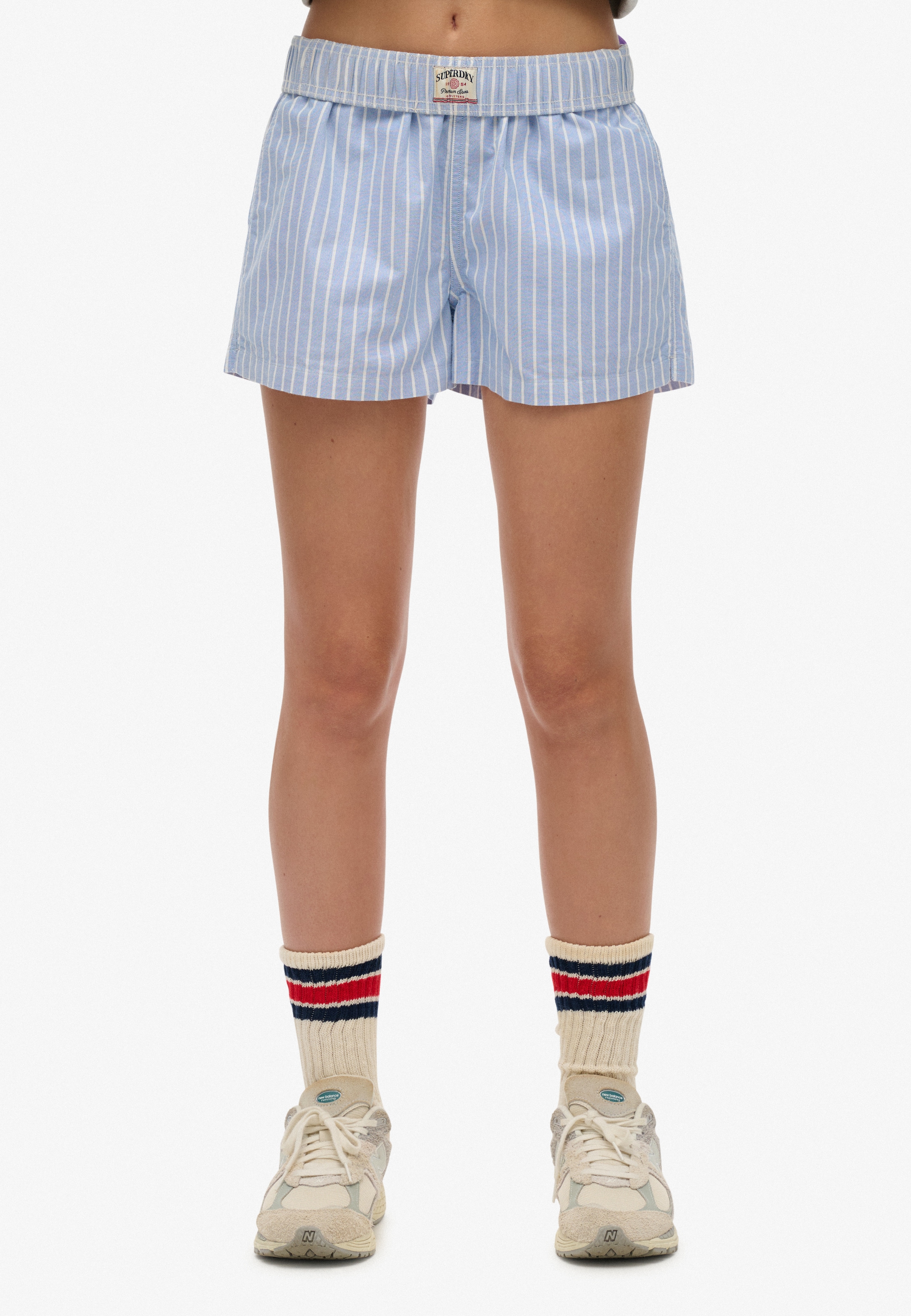Shorts SUPERDRY "COTTON STRIPE ELASTIC SHORT", Damen, Gr. L, N-Gr, broker blau stripe, Web, Obermaterial: 100% Baumwolle, gestreift, regular fit ca. Mitte Oberschenkel, Hosen Shorts