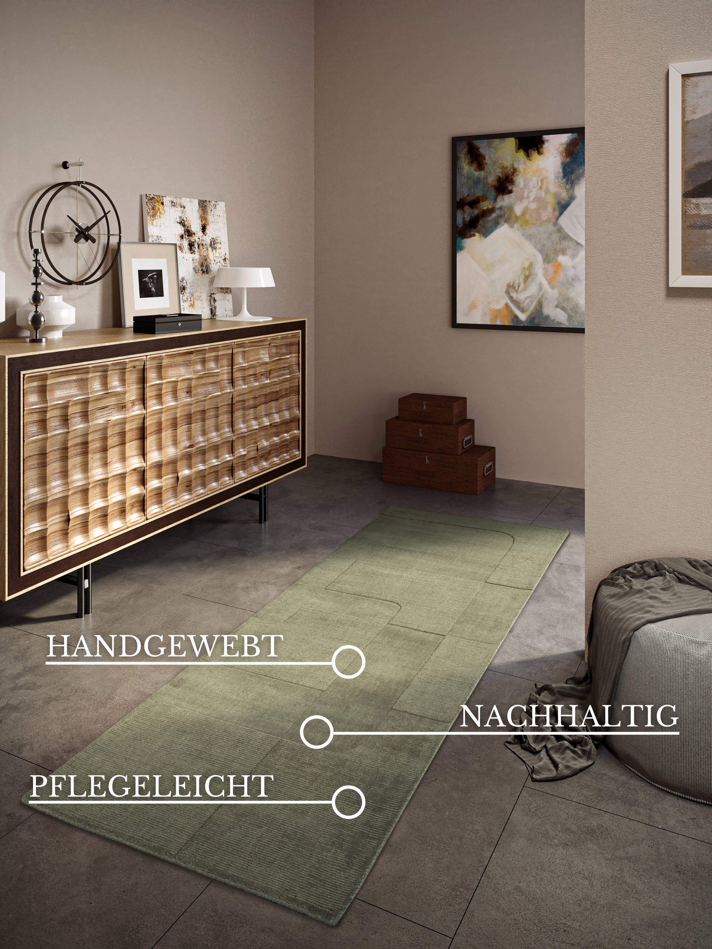 Villeroy & Boch Wollteppich »Charlotte«, rechteckig, 10 mm Höhe, Läufer, Handgewebt, Wolle, Natur, Läufer, Wohnzimmer, Geometrie