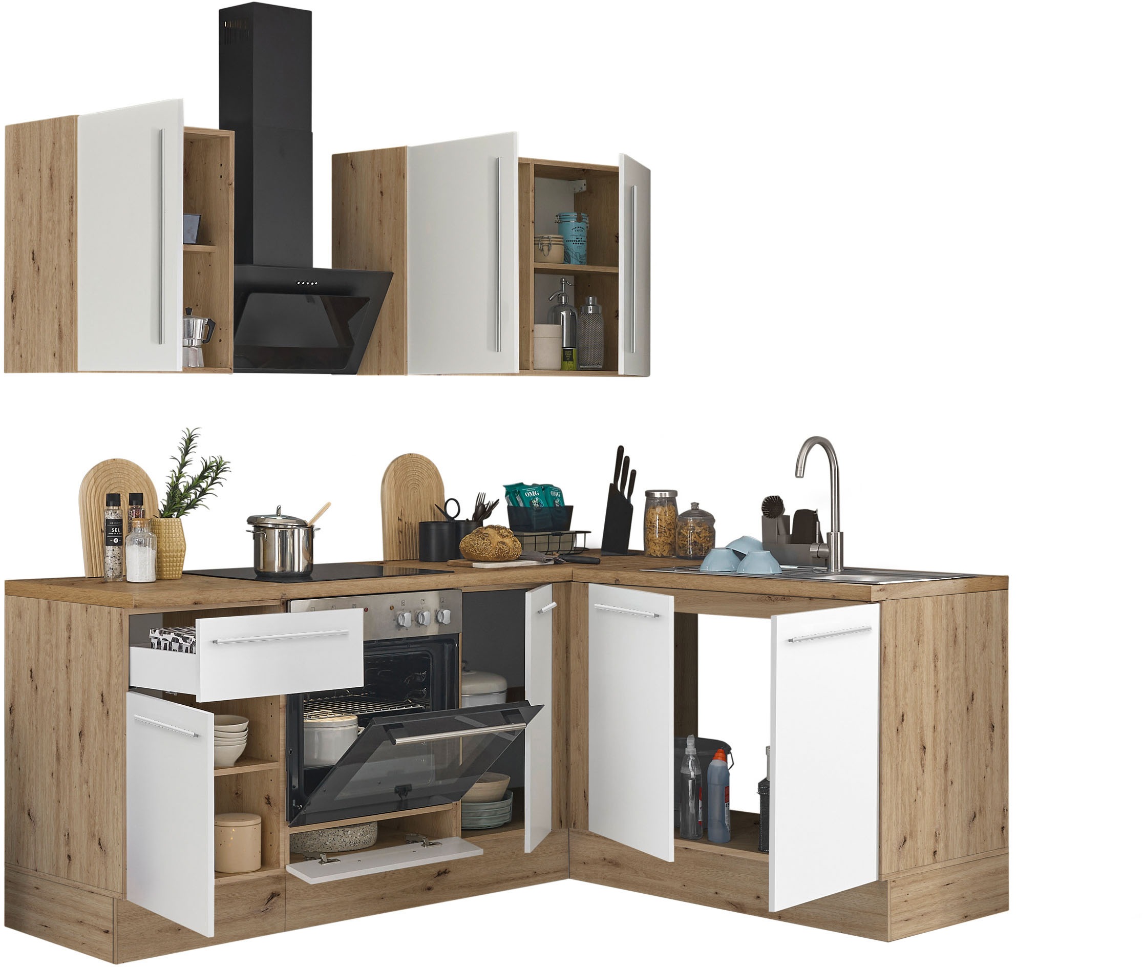 KOCHSTATION Winkelküche »Florida, Stellbreite 210x165 cm«, wahlweise mit E-Geräten, mit Softclose für Türen und Schubkästen