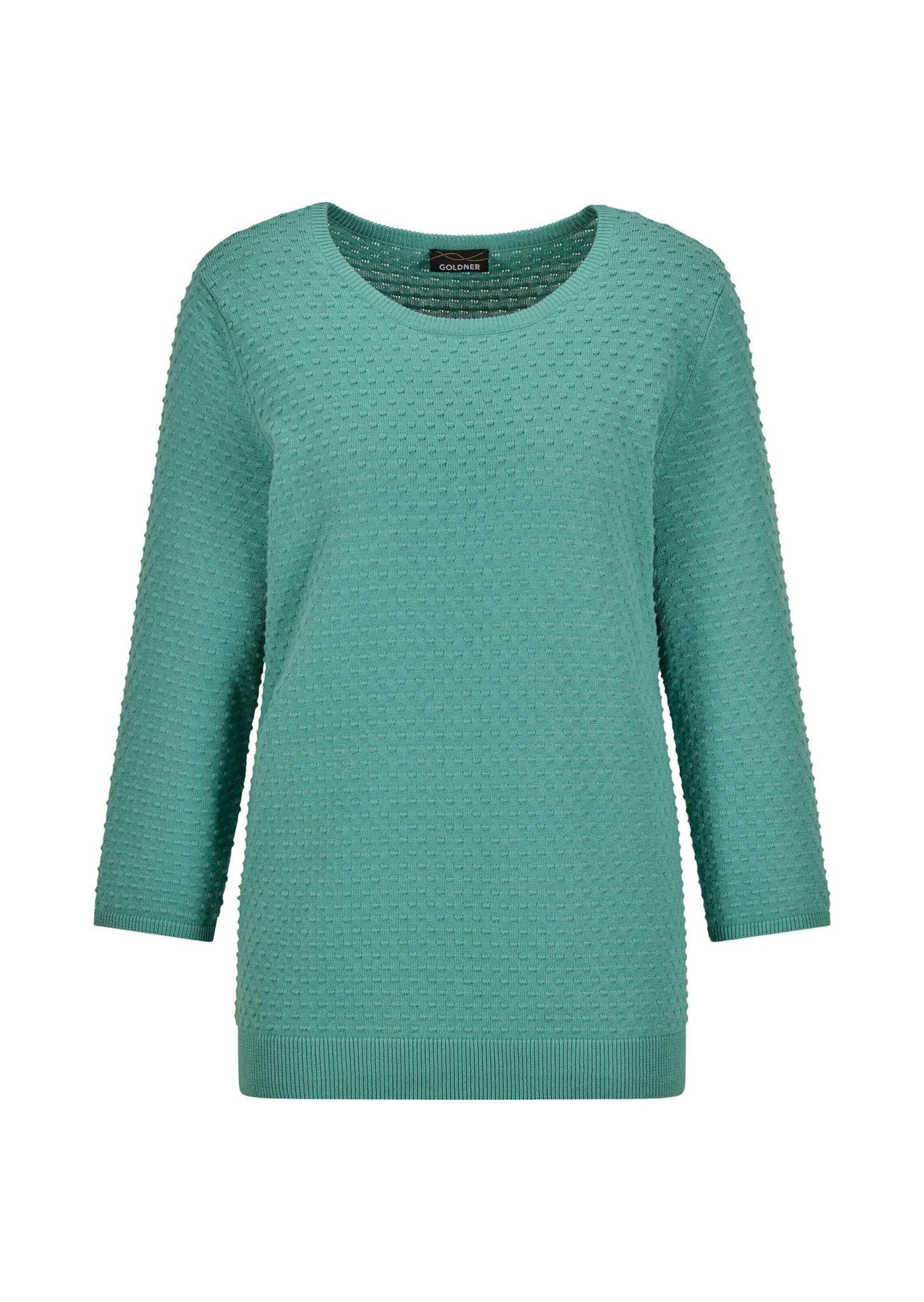 Rundhalspullover GOLDNER "Halbarm Baumwollpullover mit Struktur", Damen, Gr. 42, grün (graugrün), Obermaterial: 100% Baumwolle CO., Modisch, Pullover Rundhalspullover, Rundhalsausschnitt