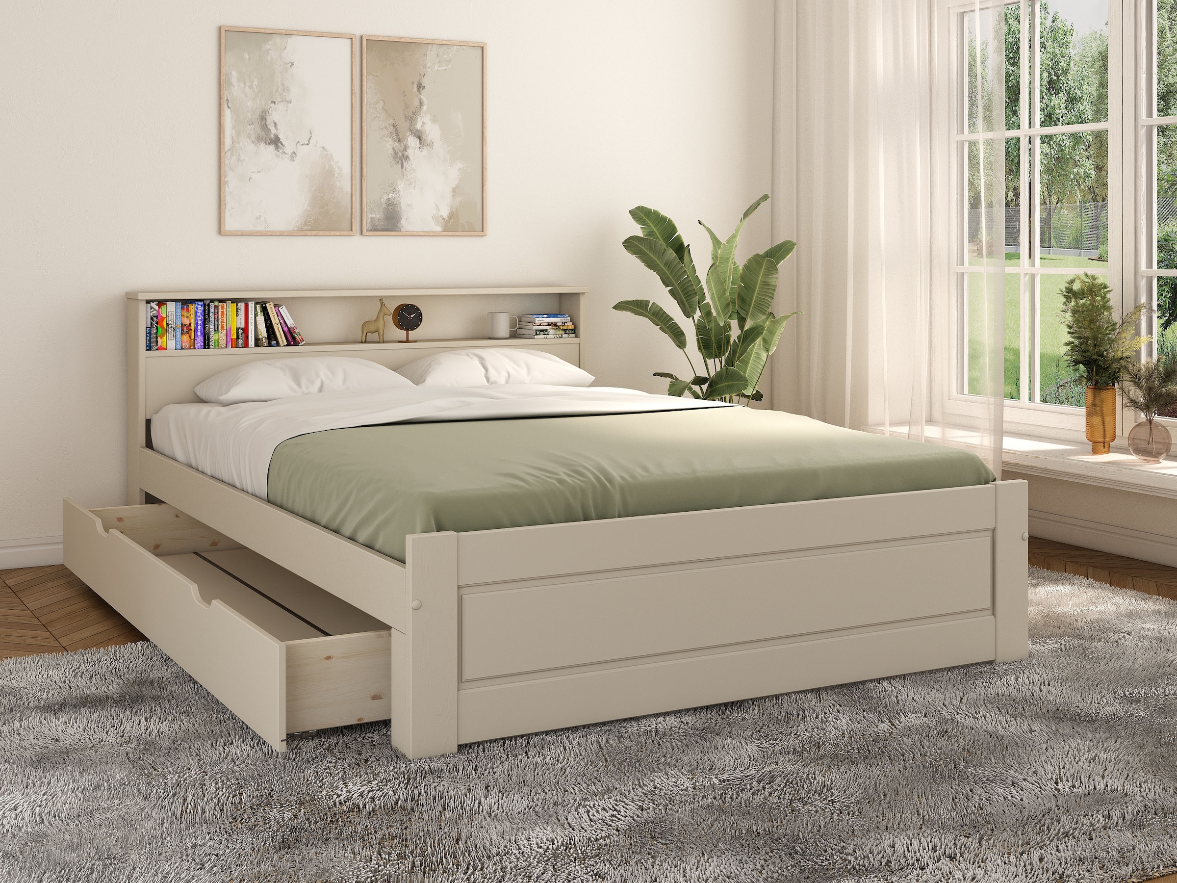OTTO home Massivholzbett »FLAVION,  Jugendbett, Stauraum, FSC® zertifizierte Kiefer« Breite: 90, 140, 180,  Qualitätsprodukt, Regal, Kassettenoptik, Schublade optional