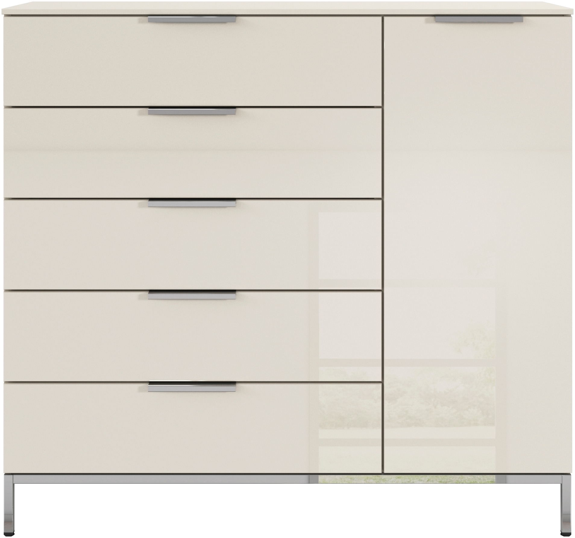 rauch Kombikommode »Kommode Türkommode Sideboard Kombikommode FLIPP mit Glasfront«, (Breite 120 cm mit 2 Einlegeböden), 1-türig mit 5 Schubladen und Soft-Close-Funktion sowie Glasfront