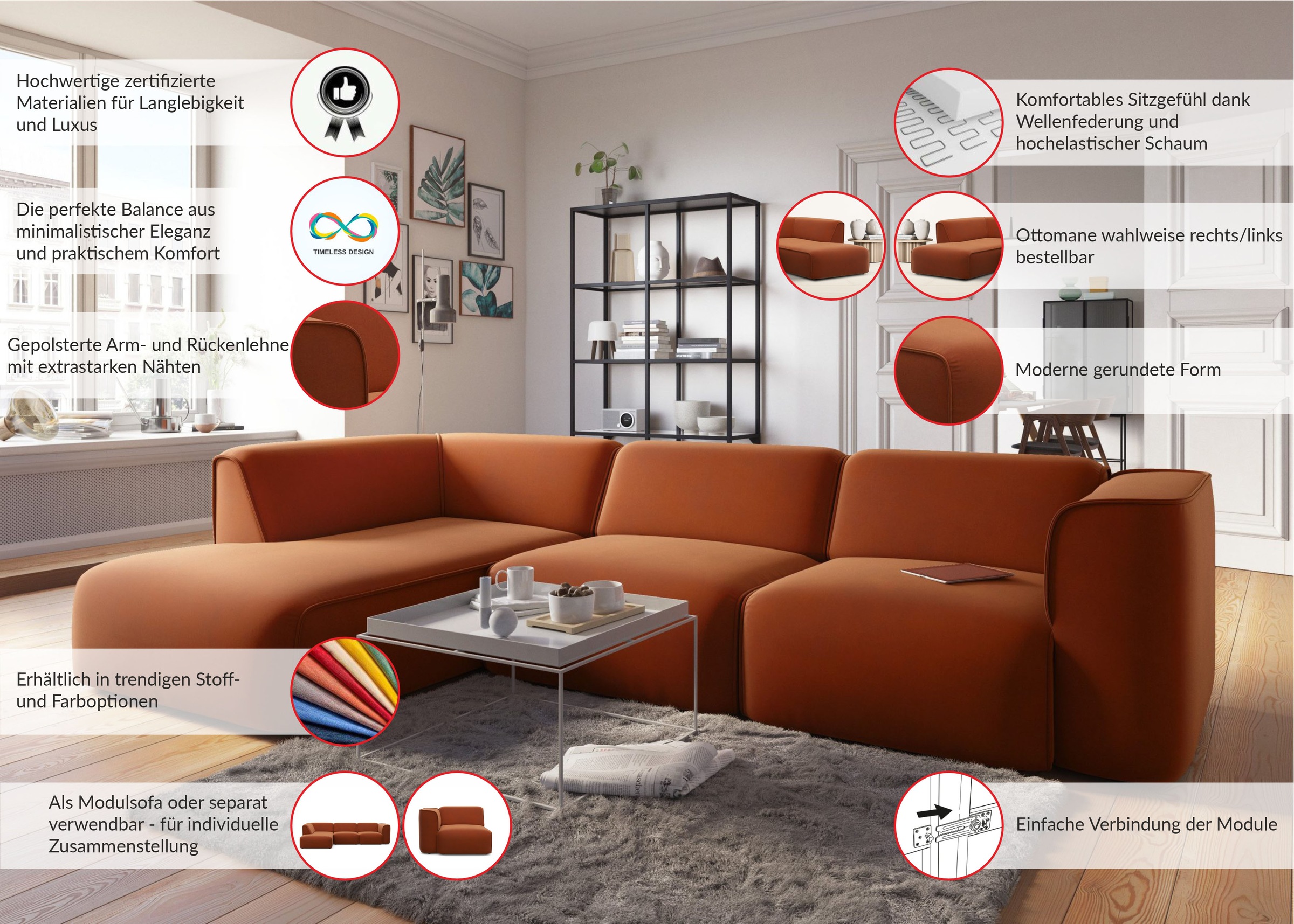 Thumbnail - RAUM.ID Ecksofa "Merid L-Form, jederzeit durch Module erweiterbar, B/T/H: 295/162/70 cm" als Modul oder separat verwendb...