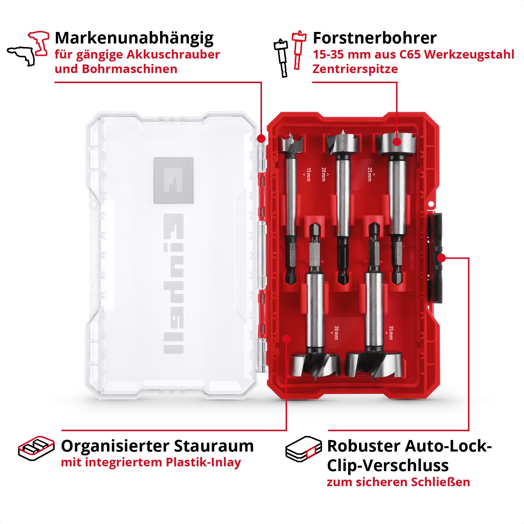 Einhell Forstnerbohrer »M-CASE«, (Set, 5 tlg., Forstnerbohrer-Set)