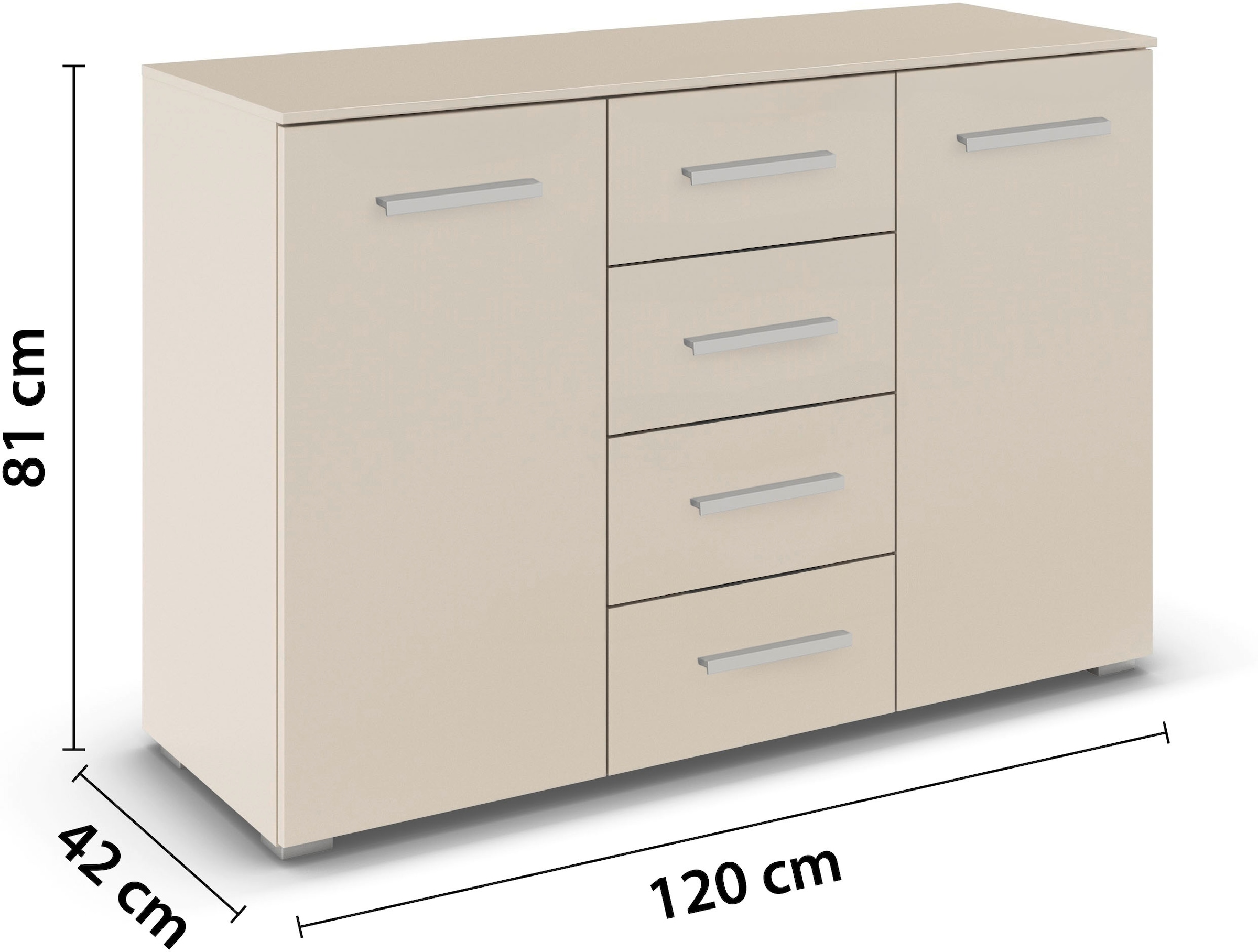 rauch Schubkastenkommode »Sideboard Kommode Kombikommode KOLUNA mit Dekorfront«, (Breite 120 cm inkl. Soft-Close-Funktion), vier große Schubladen, mit insgesamt 4 Einlegeböden MADE IN GERMANY
