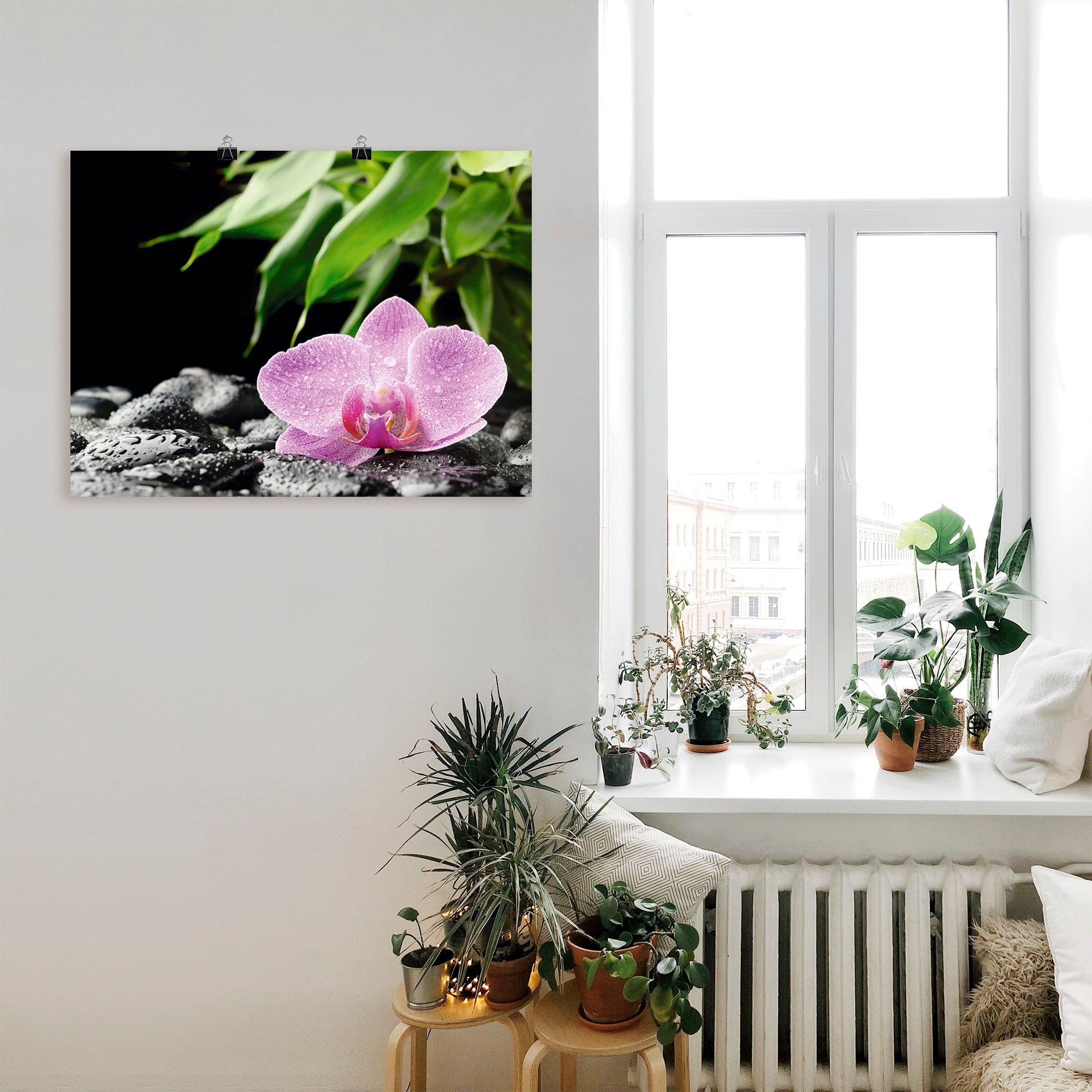 Artland Wandbild »Rosa Orchidee auf schwarzen Zen Steinen«, Blumen, (1 St.), als Leinwandbild, Poster in verschied. Größen
