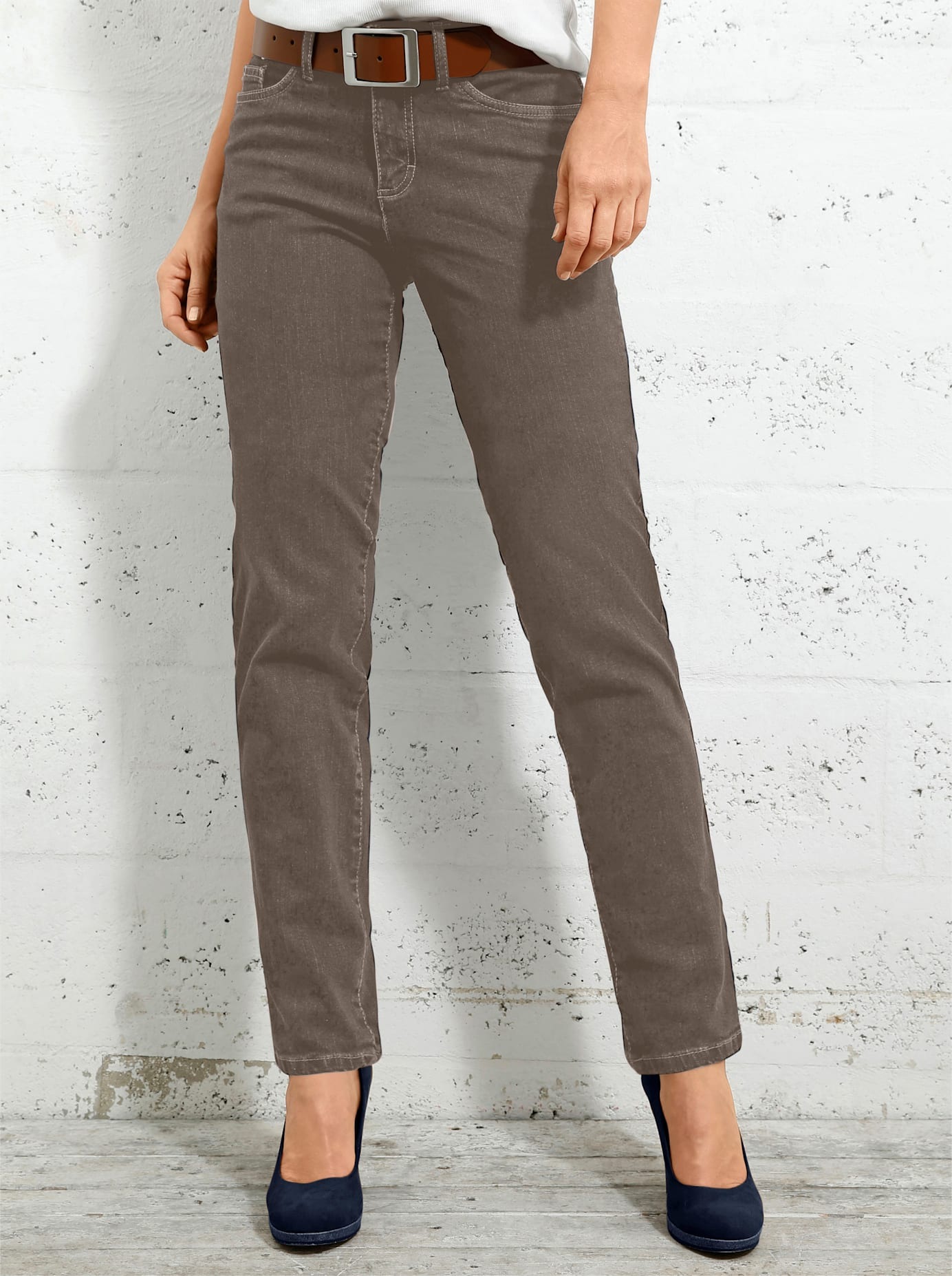 5-Pocket-Jeans INSPIRATIONEN, Damen, Gr. 19, Kurzgrößen, grau (taupe), 98% Baumwolle, 2% Elasthan, unifarben, lang, Jeans 5-Pocket-Jeans, Topseller