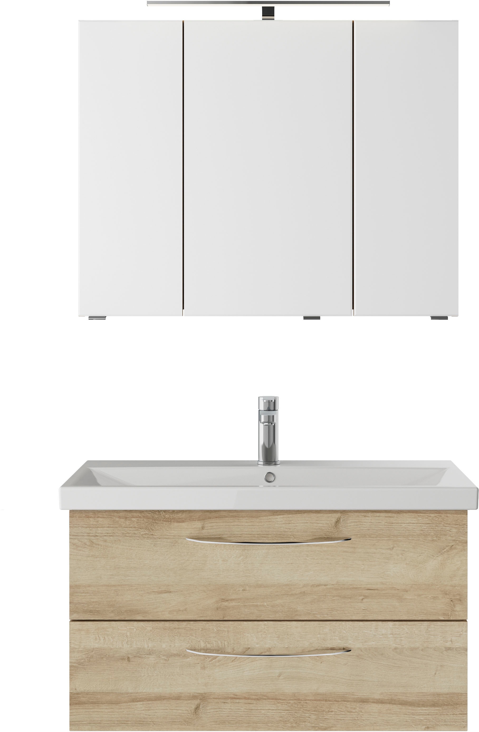 Saphir Badmöbel-Set »Serie 4035 2-teilig, Keramikwaschtisch mit LED-Spiegelschrank«, (Set), 90 cm breit, inkl. Türdämpfer, 2 Schubladen, 3 Türen, 6 Einlegeböden