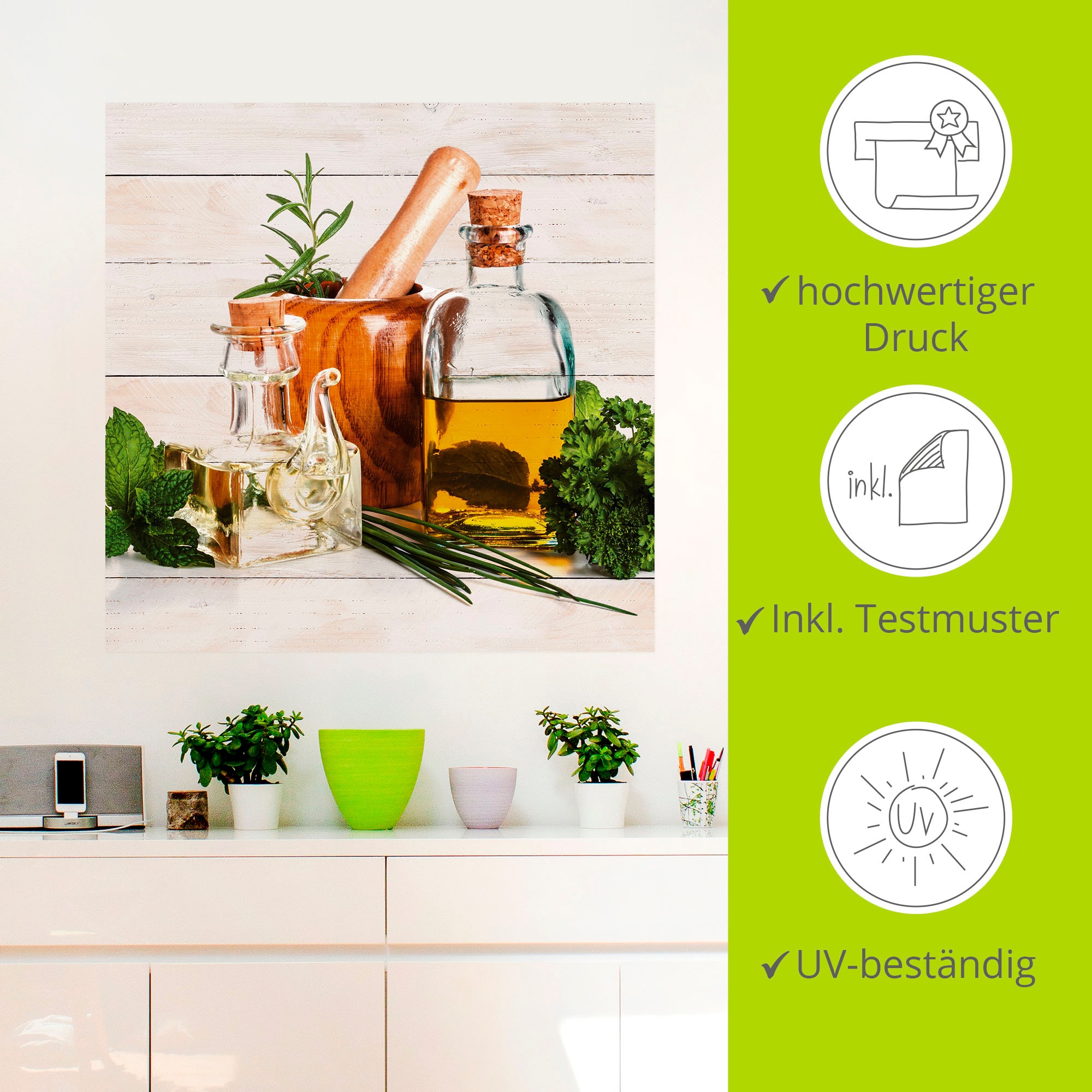 Artland Wandbild »Olivenöl und Kräuter - Küche«, Arrangements, (1 St.), als Alubild, Outdoorbild, Leinwandbild, Poster, Wandaufkleber