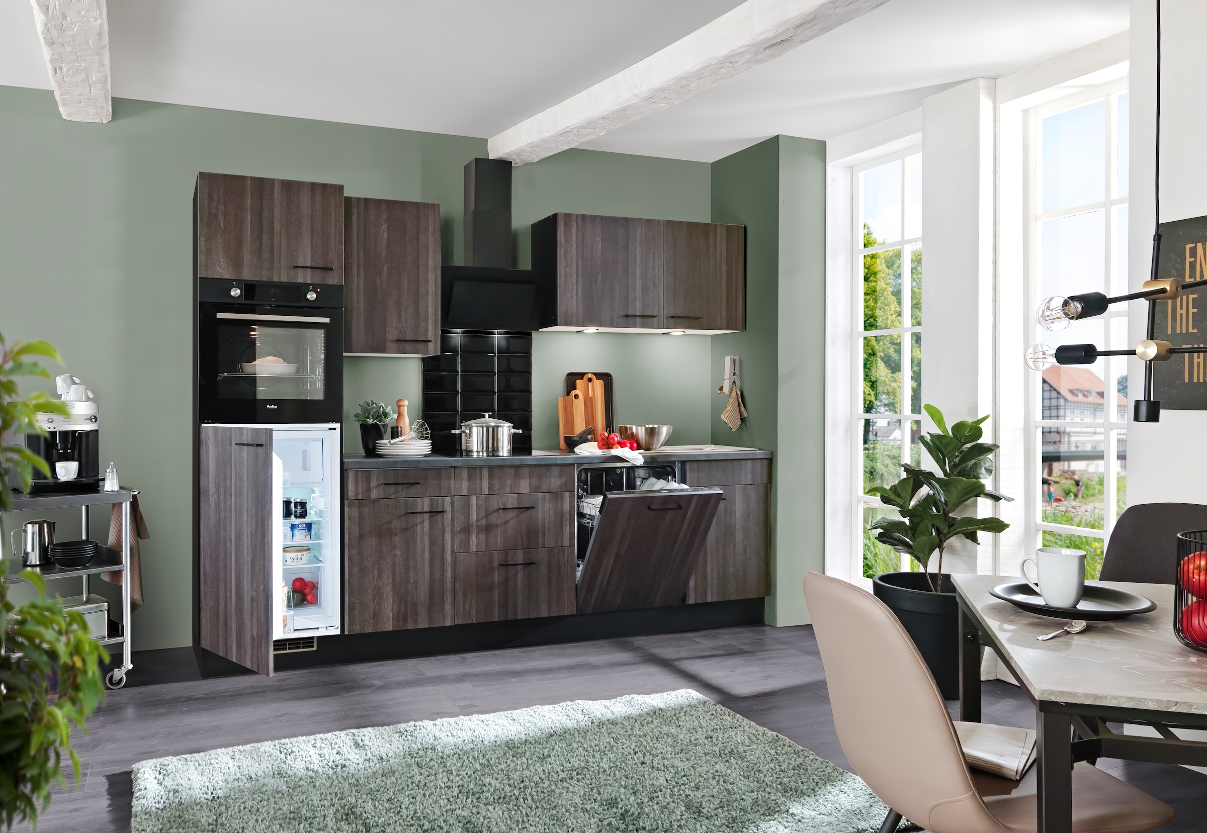 wiho Küchen Küche »Nisos«, Soft-Close, 280 cm, Backofen matt schwarz, Teleskopauszug