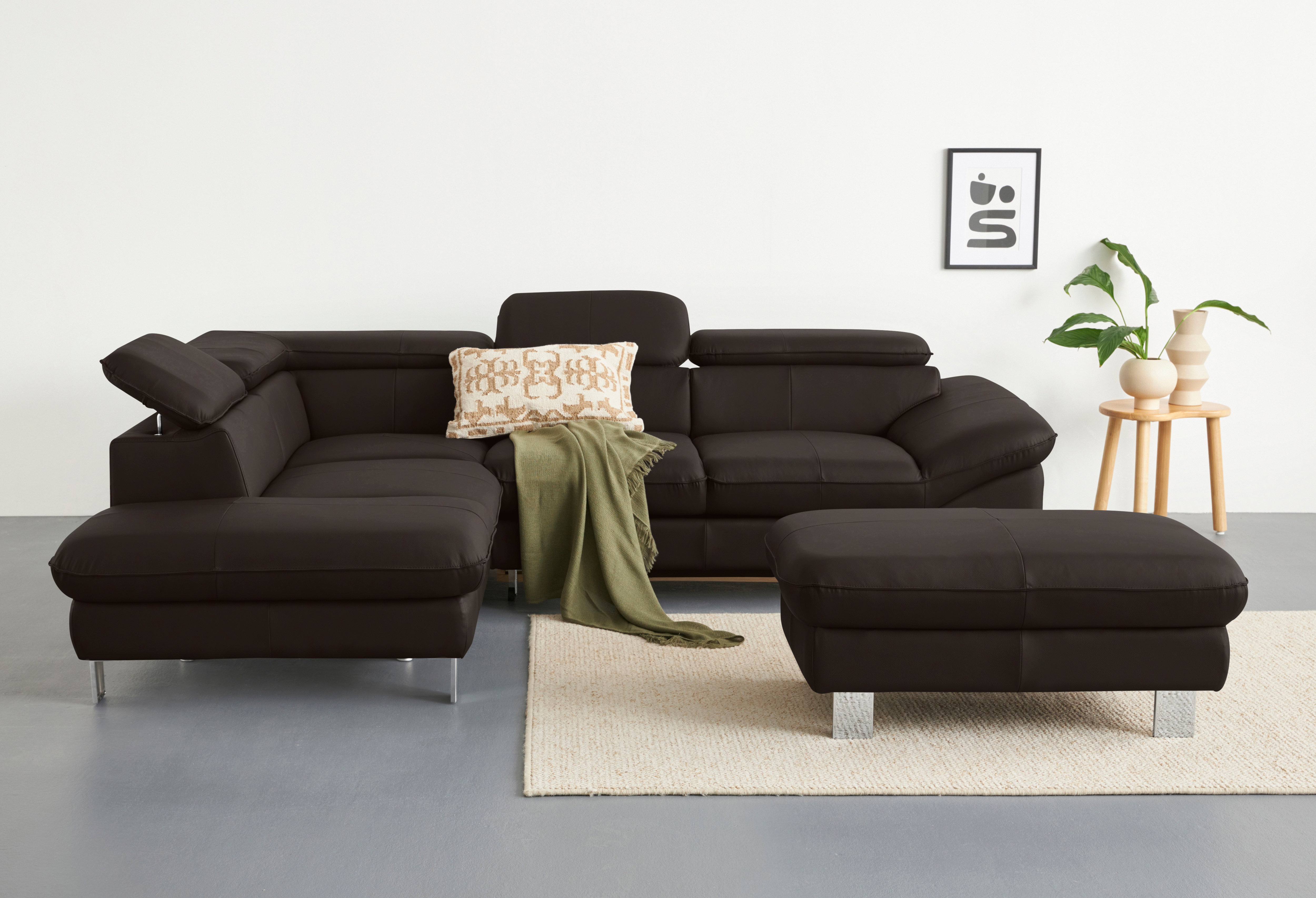 COTTA Ecksofa "Driver L-Form, B: 265 cm, moderne Couch mit Wellenunterfederung, Leder" inkl. 3x Kopfteilverstellung, optional mit Schlaffunktion + Stauraum