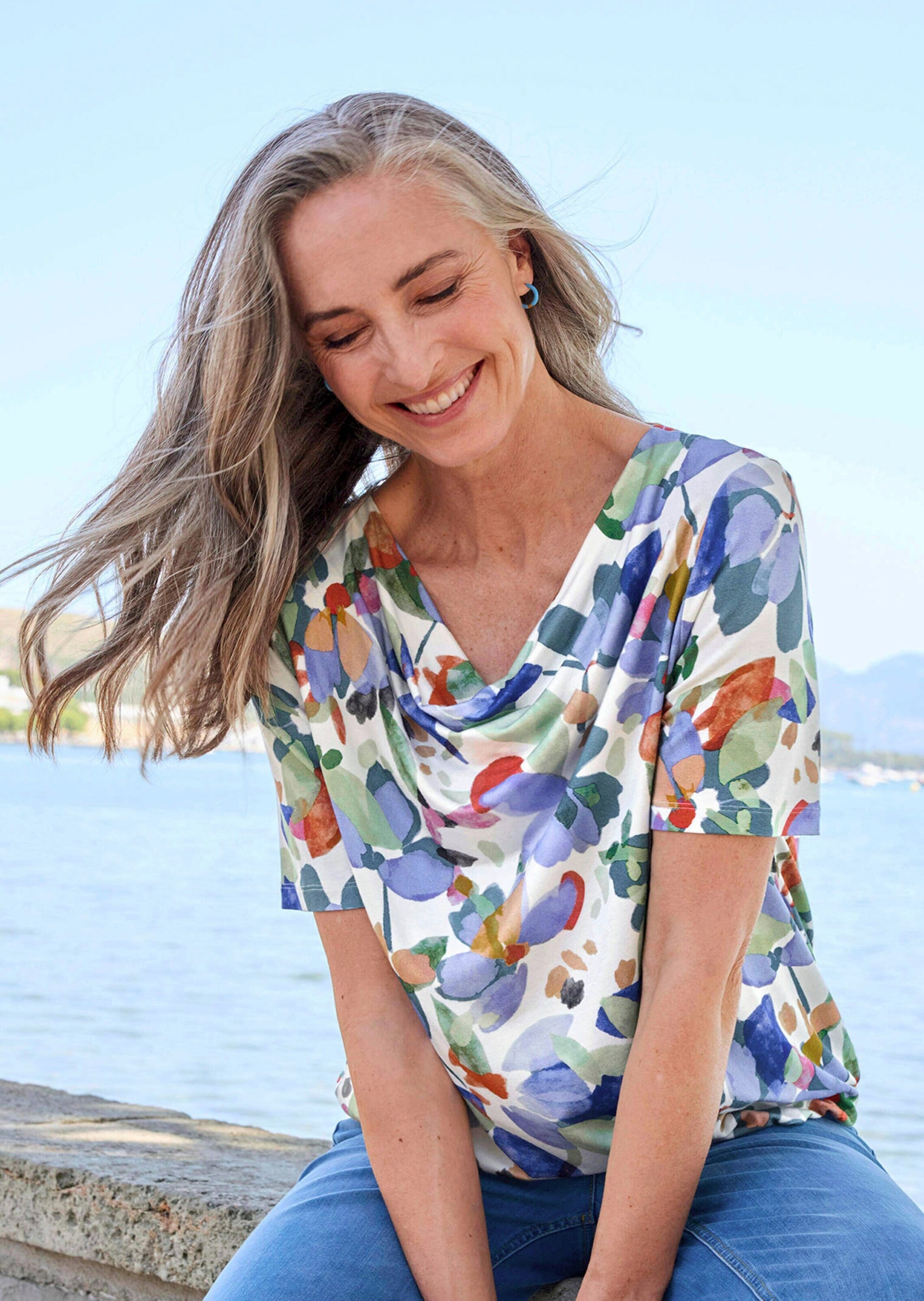 GOLDNER Kurzarmshirt »Jerseyshirt mit Wasserfallausschnitt«