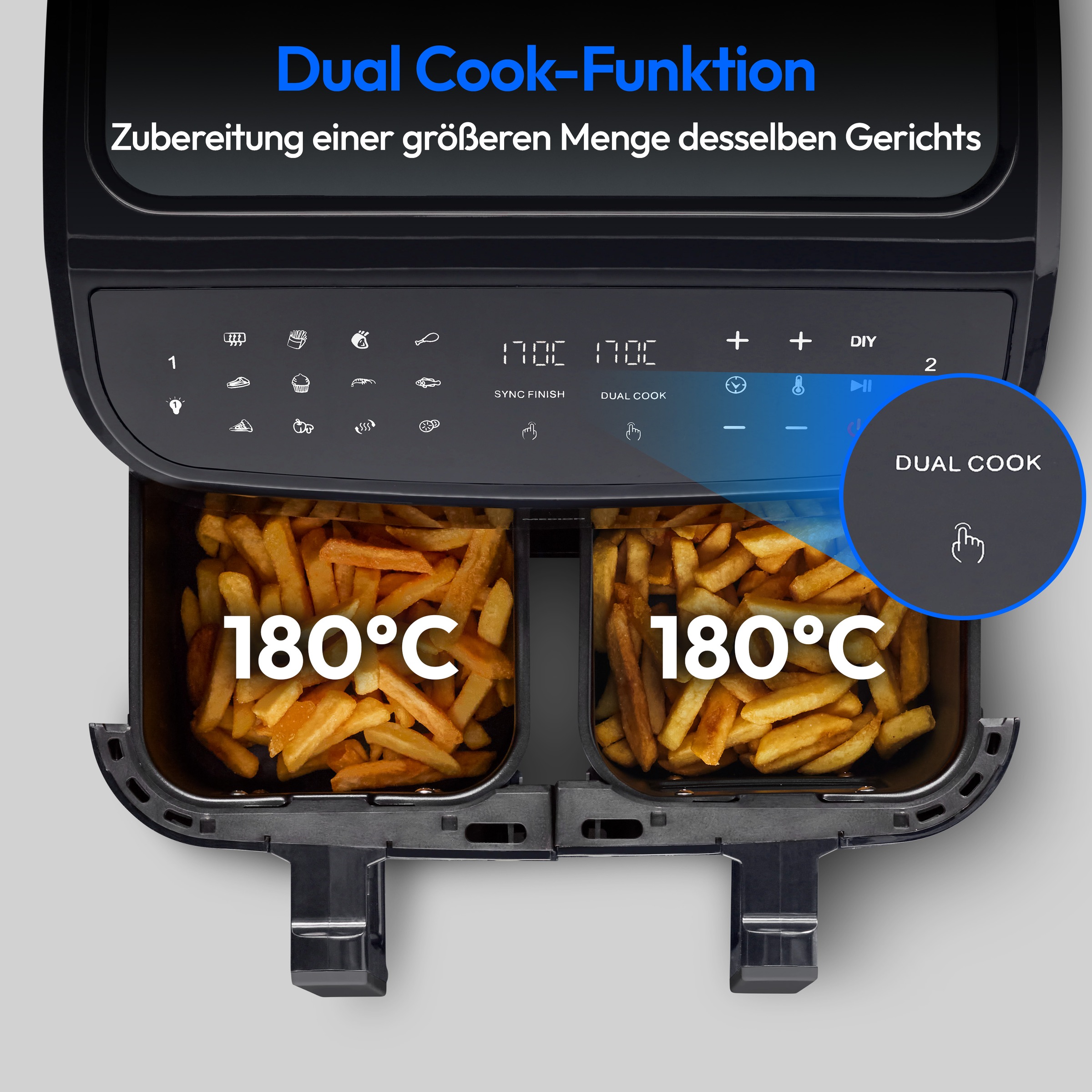 Medion® Heißluftfritteuse »P20 XL (MD 11760) 8,7 L Korbvolumen, 9 Automatikprogramme, Dual Cook«, 2400 W, Temperatur 50 - 200 °C, ILAG Beschichtung, Sync-Finish
