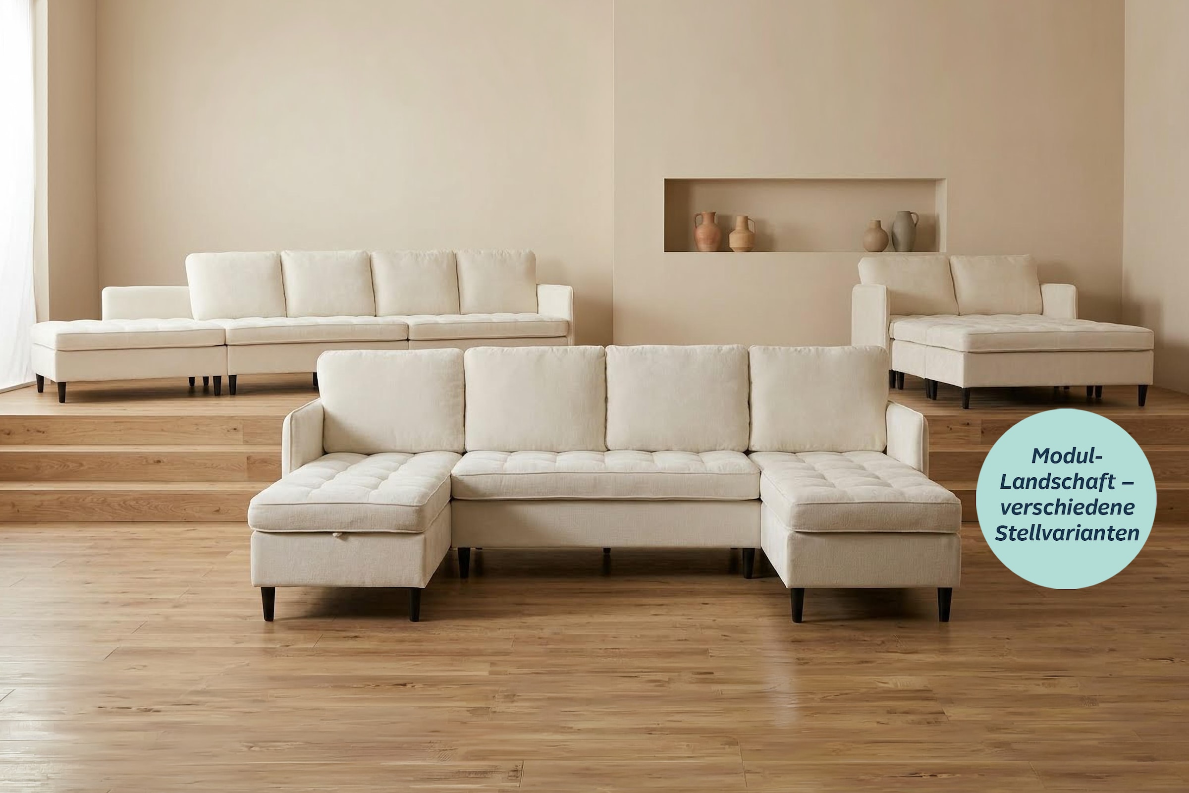 Dorel Home Wohnlandschaft "LINDHUS, Chenille, Modulsofa, verschiedene Stellvarianten" Breite als U-Form (254cm) mit Verbindern fixierbar, Recamiere,Stauraum