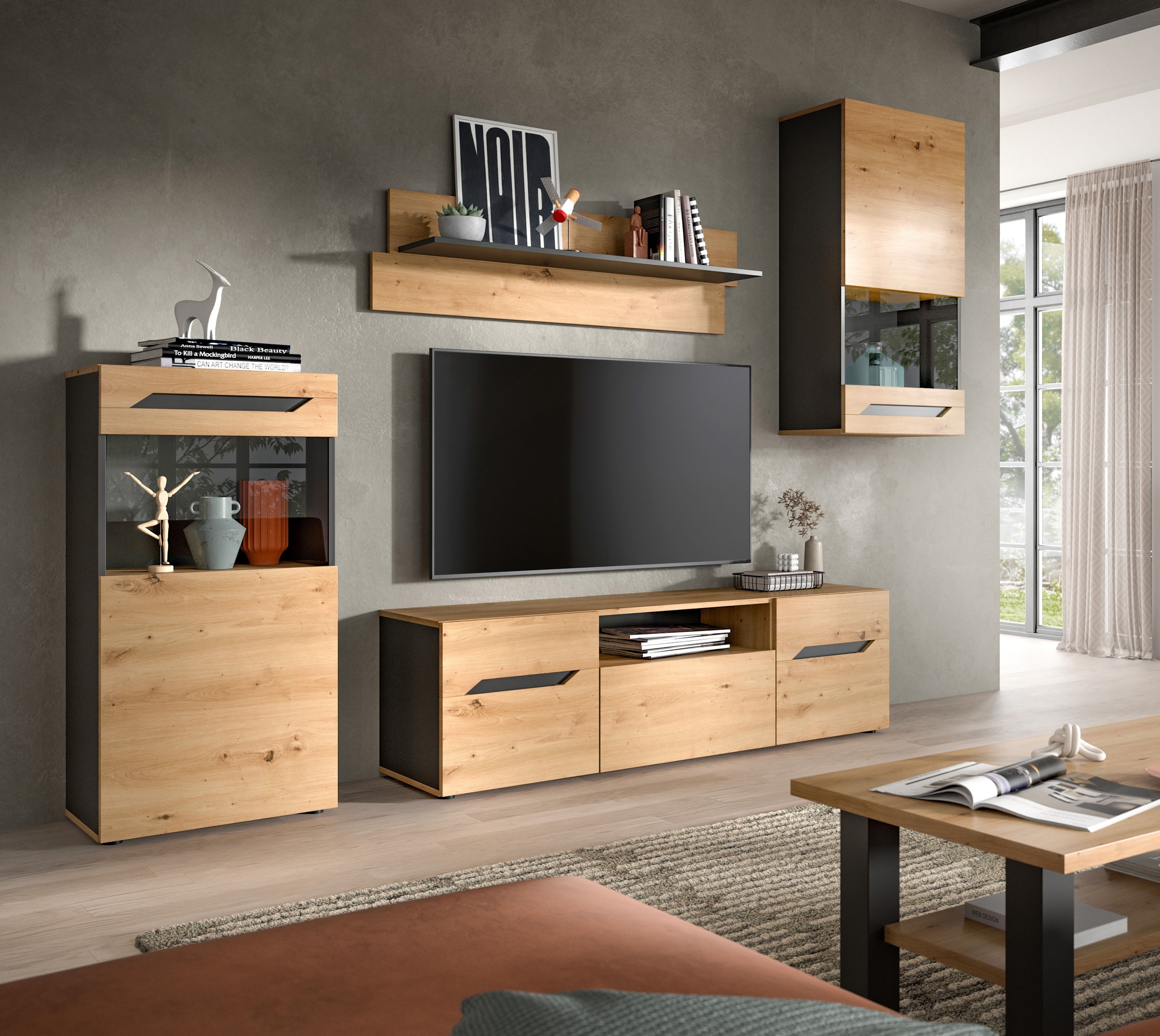 INOSIGN Wohnwand »SERTA, 4-teilig, best. aus: 2x Vitrine, 1x Lowboad & 1x Wandboard«, Anbauwand, Set, Möbelset, TV-Wand, Wohnzimmerset, Schrankwand