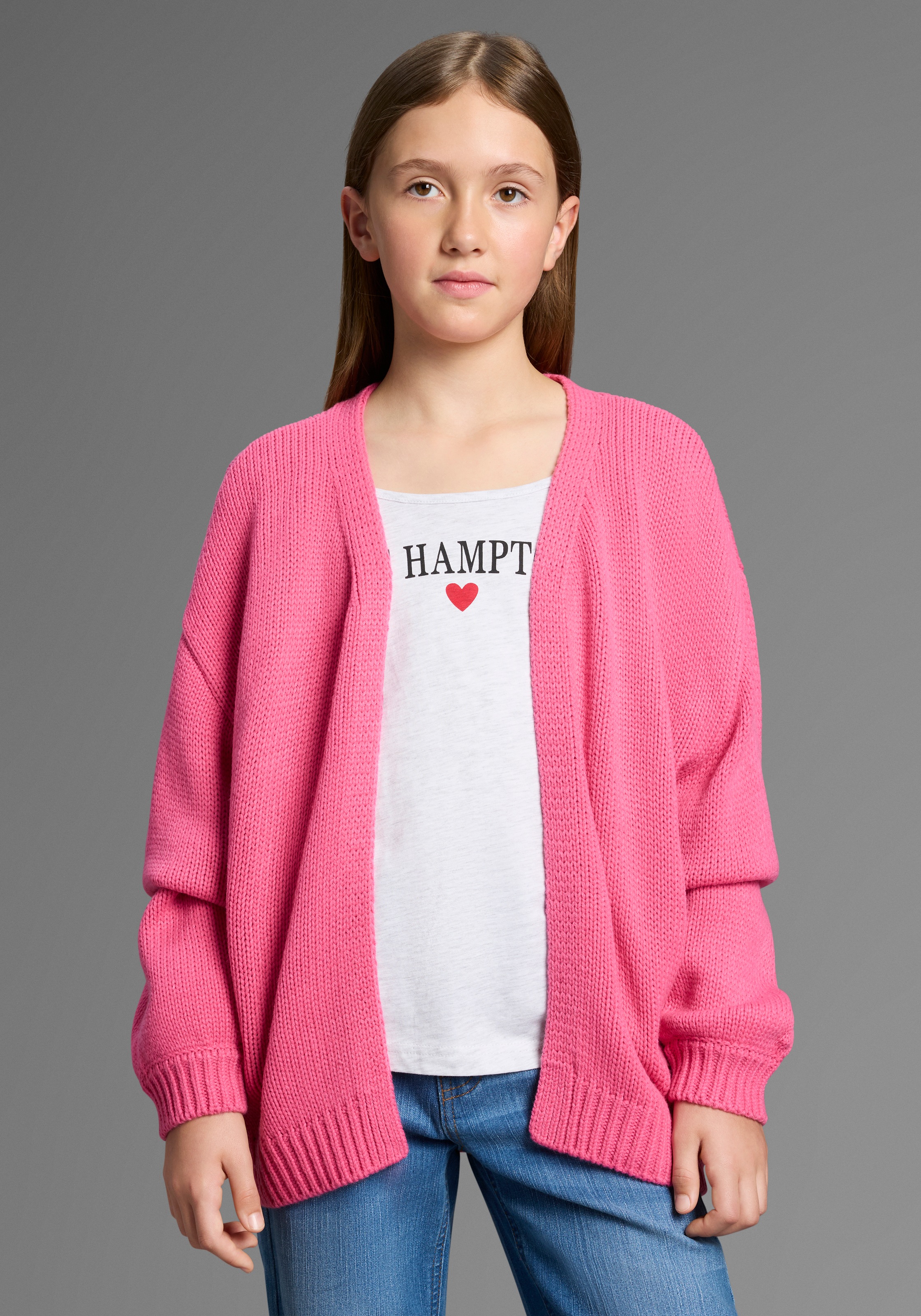 BRUNO BANANI Mädchen Strickjacke "Cardigan, Strickjacke in offener weiter Form"pink meliert, Gr. 164, unifarben, Grobstrick, Obermaterial: 100%