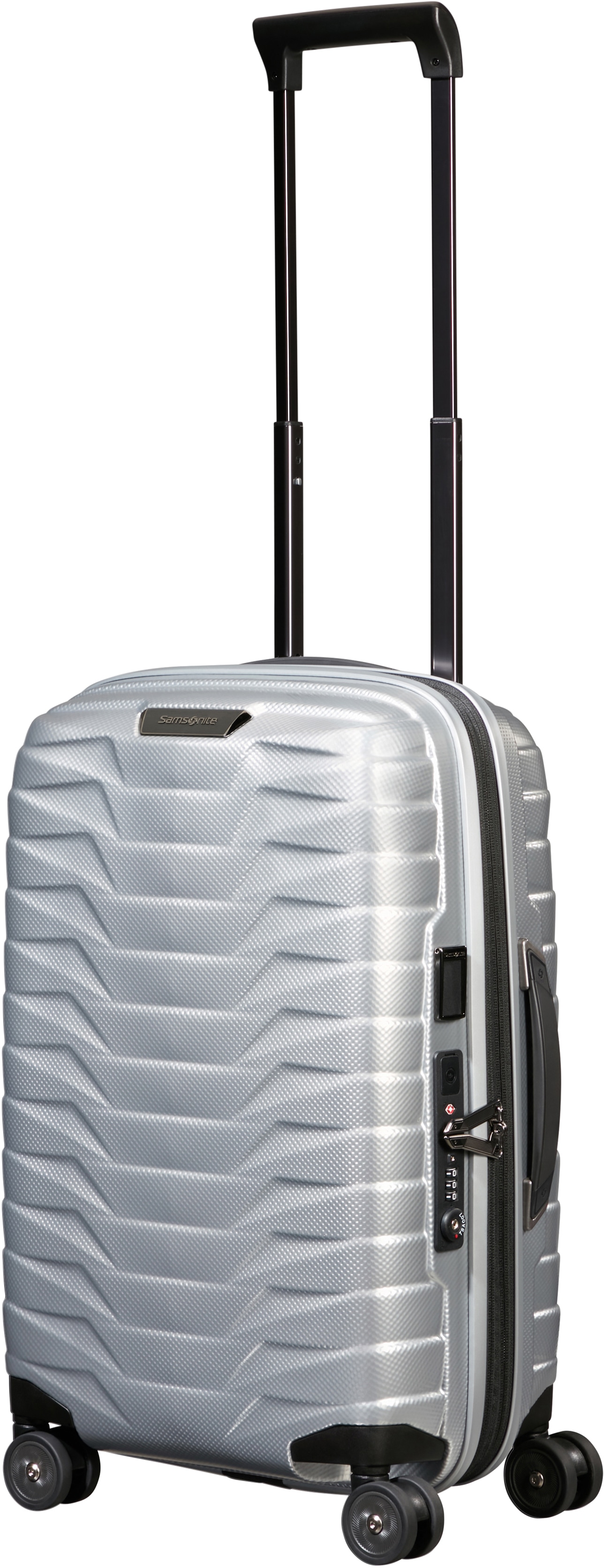 Samsonite Silber Hartschalen-Trolley "Proxis Verschiedene Größen Und Farben" 38 L 4 Rollen Arretierbares Und Versenkbares Druckknopf-Trolleysystem von Baur