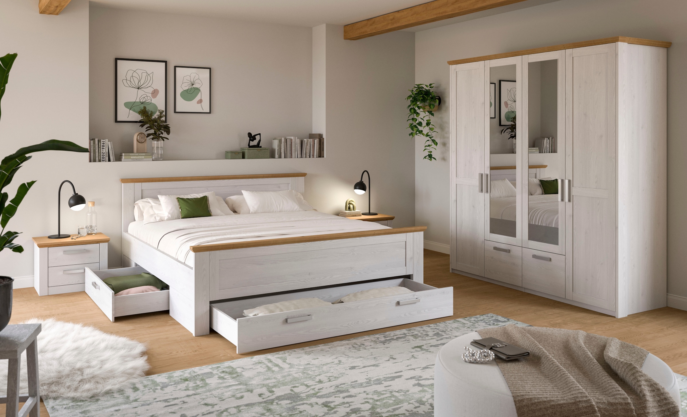 Home affaire Schlafzimmer-Set »COSENZA, TOPSELLER!, 4-teilig, Kleiderschrank, Bett & 2x Nachttische« Matratzengröße 180x200 cm, viel Stauraum, ohne Lattenrost & Matratze, 4 tlg. tlg. Schlafzimmer, Schlafen, Set, Kombination, Bettanlage