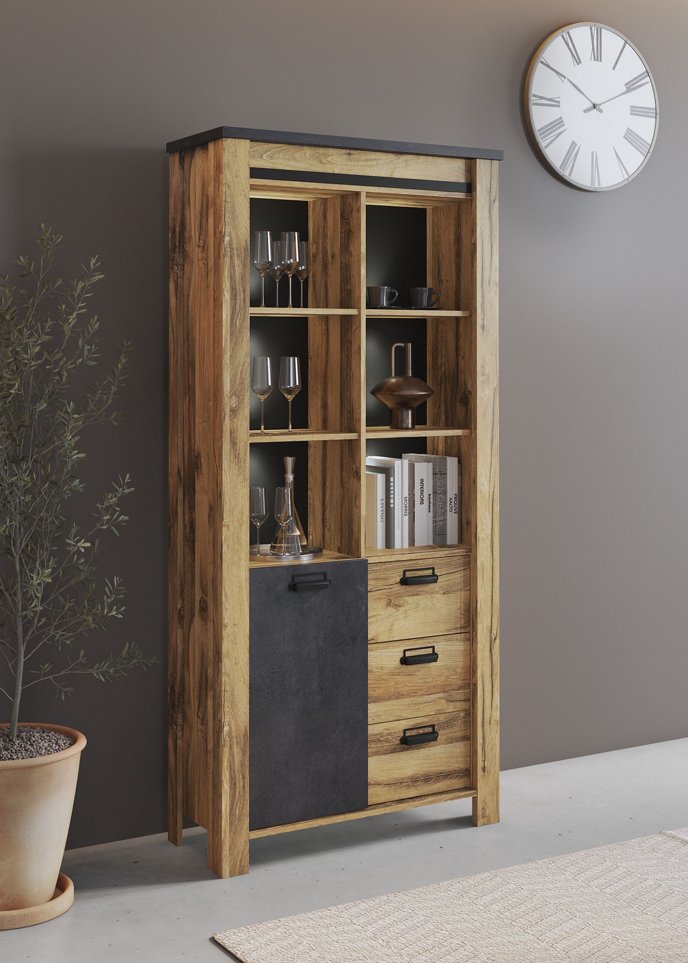 Home affaire Wohnwand »York, moderne Anbauwand, Wohnzimmer-Set in Hunton Oak, 201 cm breit«, (Komplett-Set, 3 St.), enthält Vitrine, Lowboard +Wandboard, Metallgriff, Scheunentorbeschlag