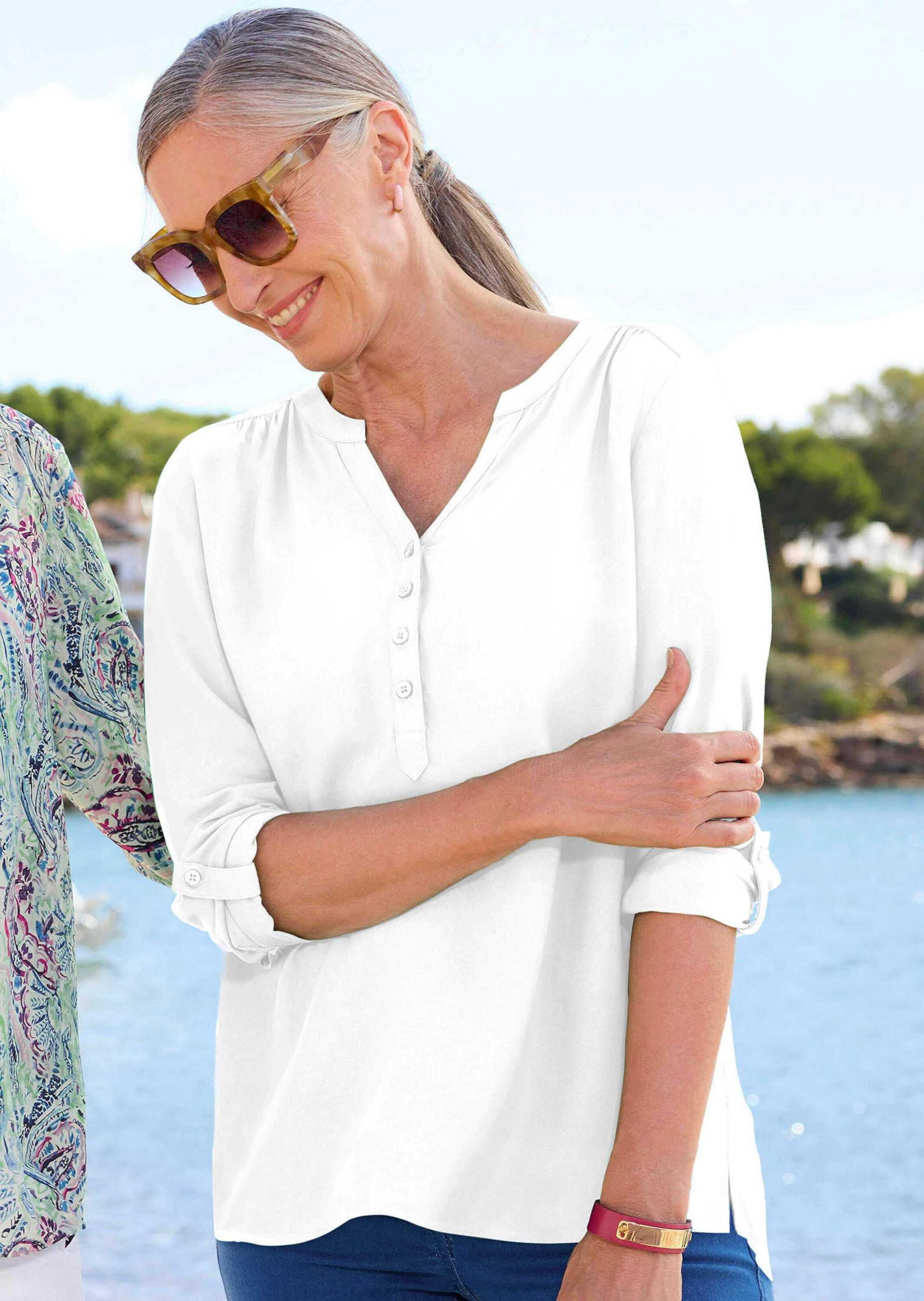 GOLDNER Schlupfbluse »Langarm Businessbluse mit V-Ausschnitt«
