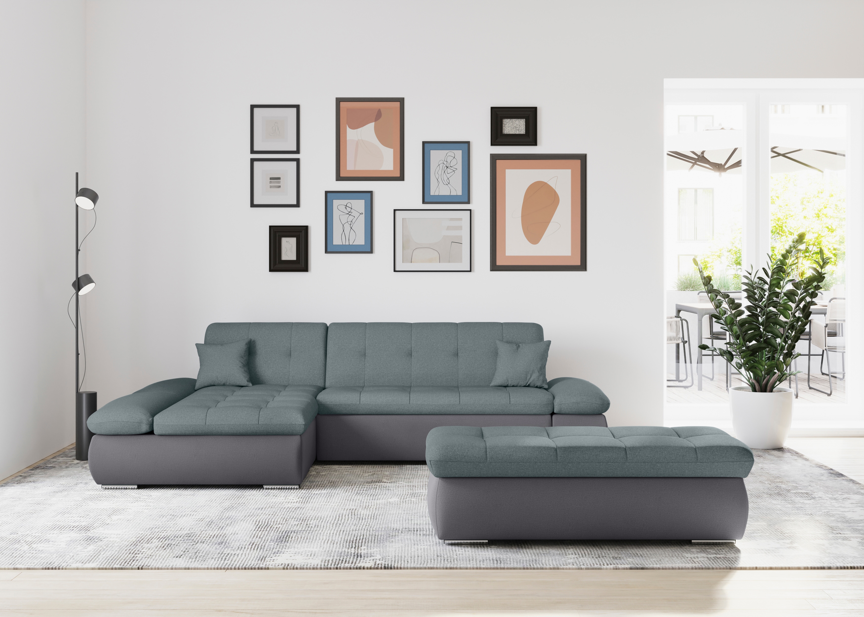 DOMO collection Ecksofa "MORIC 300x172 cm, XXL-Sofa mit viel Platz, L-Form, auch in Cord" wahlweise mit Bettfunktion und Armteilverstellung, grau-eisblau