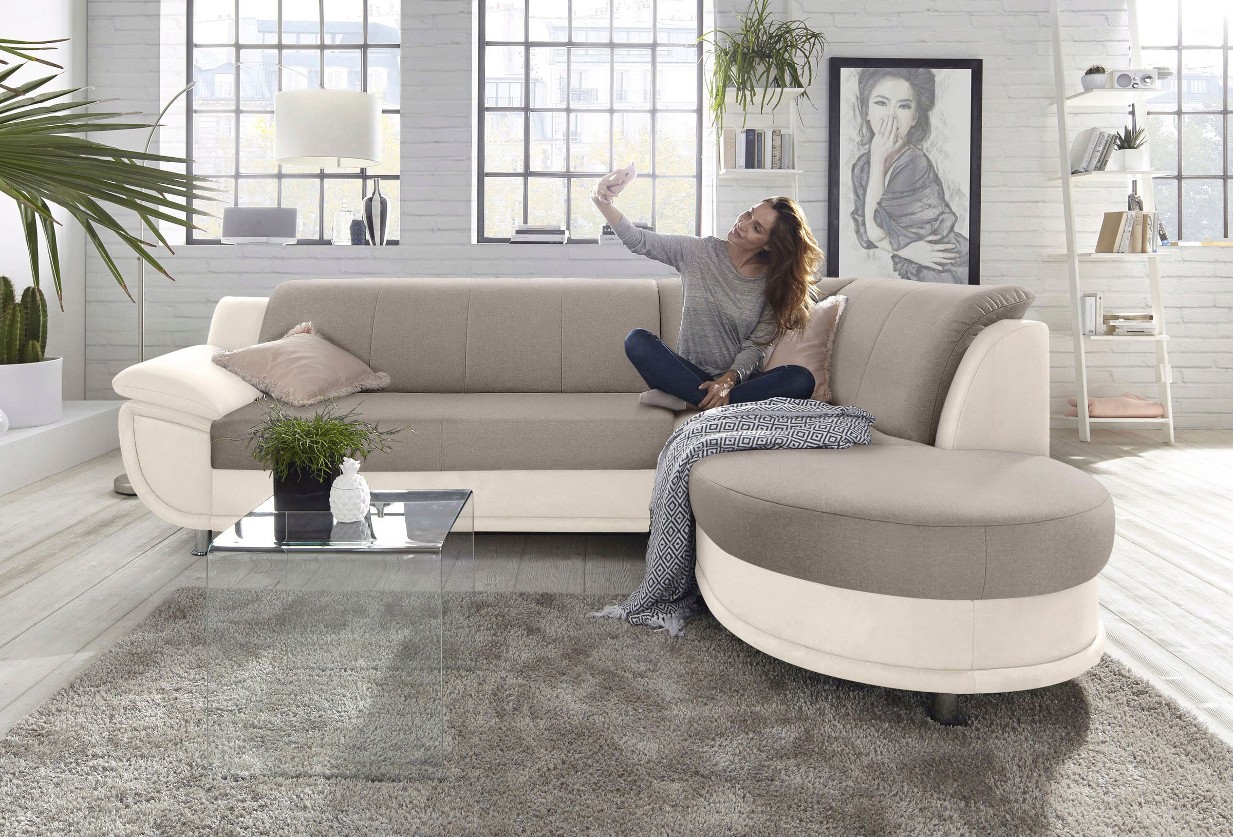 TRENDMANUFAKTUR Ecksofa »Rondo 3, zeitlos und bequem, Materialmix, breite Armlehnen, L-Form«, wahlweise mit Federkern für mehr Komfort, wahlweise mit Bettfunktion