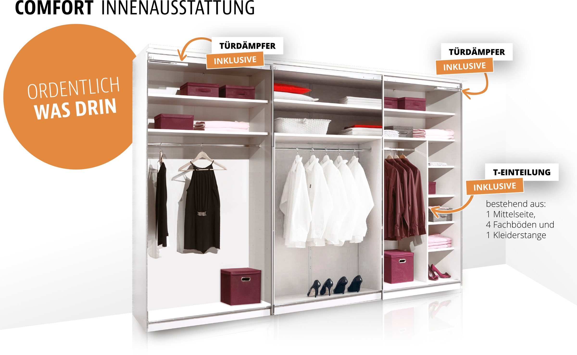 STAUD Schwebetürenschrank »Sinfonie Plus, edles Design in hochwertiger Qualität, Made in Germany«, Mit Spiegeltür und vier verschiedenen Ausstattungsvarianten