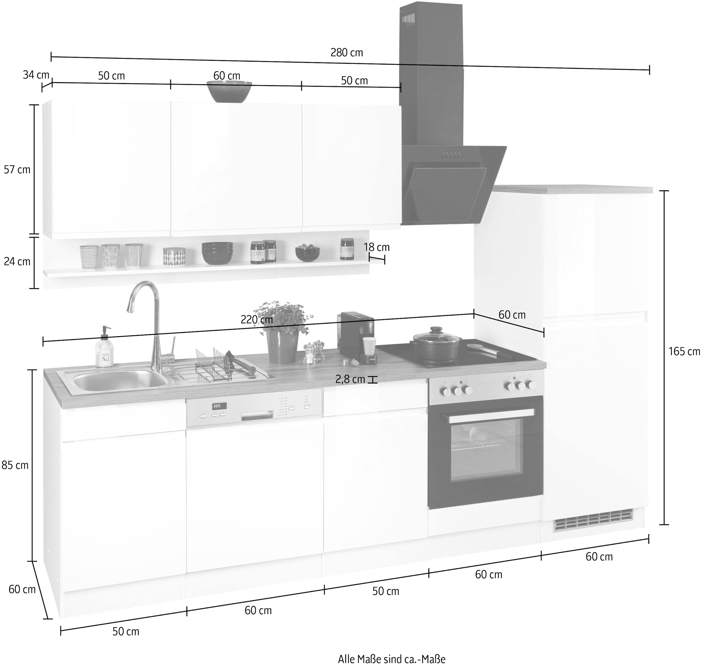 HELD MÖBEL Küche »Virginia«, Breite 280 cm, wahlweise mit E-Geräten | BAUR