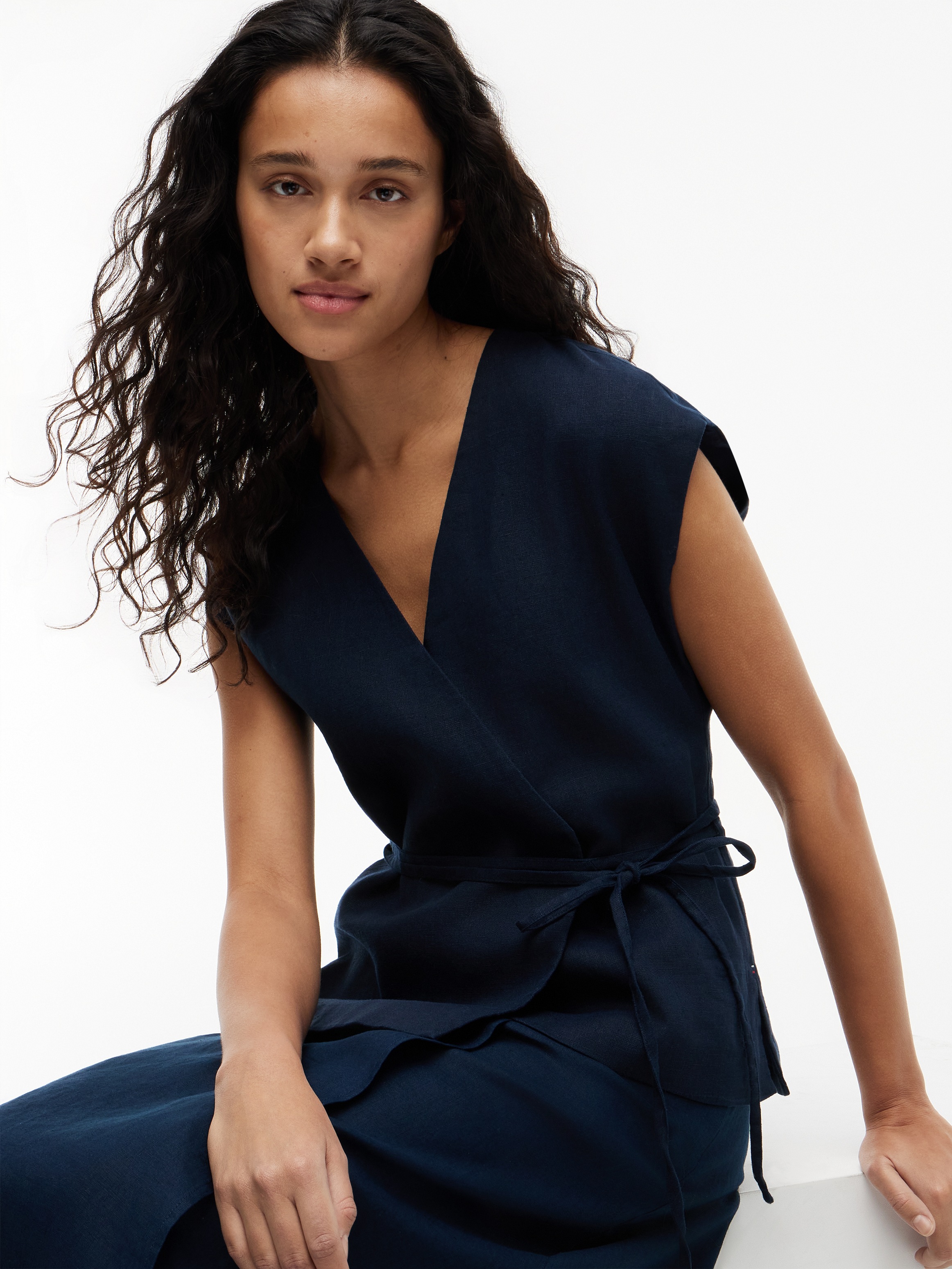 Tommy Hilfiger Wickelbluse »ESS LINEN WRAP TIE NS VEST« Materialmix, Bindeband