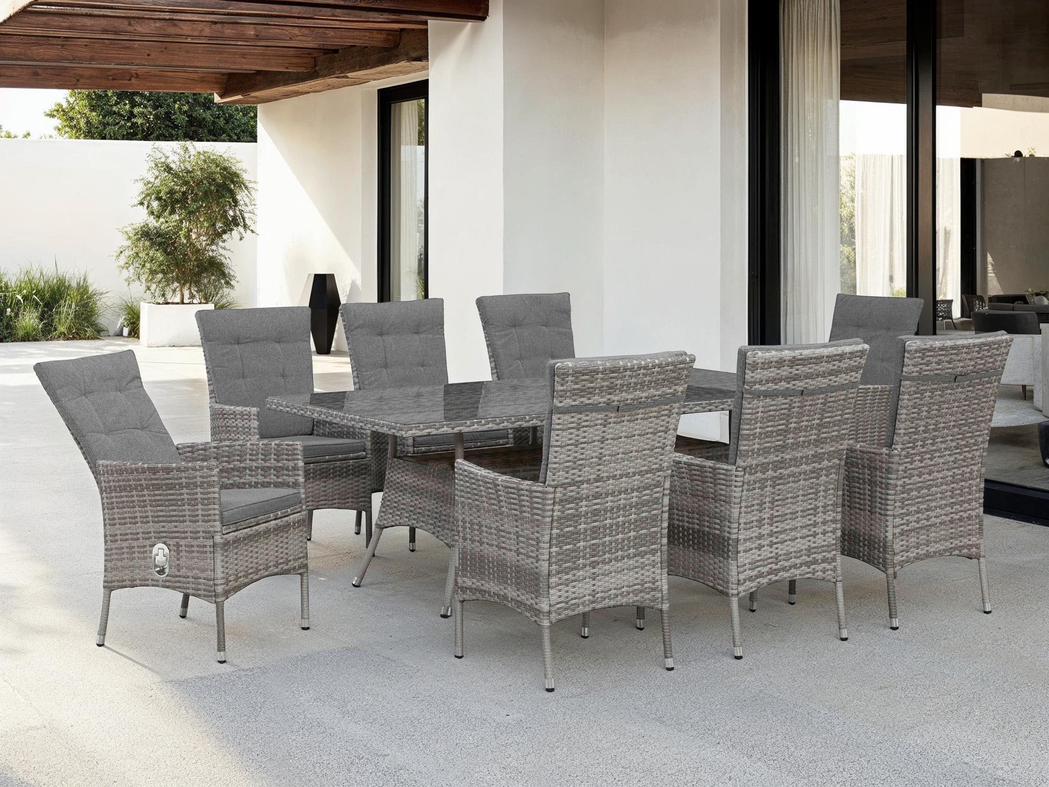 KONIFERA Garten-Essgruppe »Belluno«, (Set, 17 tlg., 8x Sessel, 1x Tisch 200x100 cm, inkl. Auflagen, Polyrattan), Stauraum unter dem Tisch, Grau, 2 der 8 Sessel stufenlos verstellbar