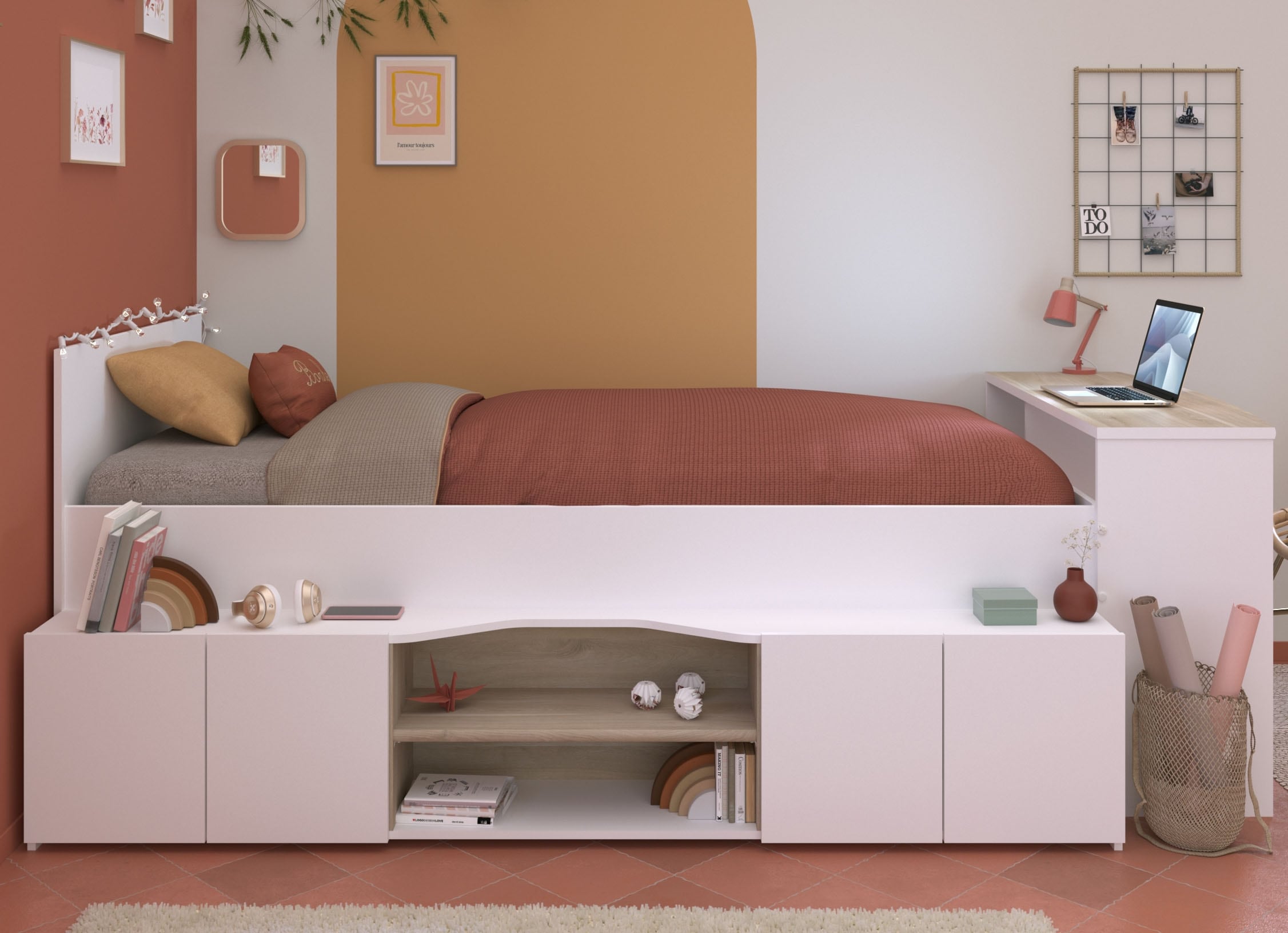Parisot Hochbett »Cleo«, (1 St.), Schreibtisch beidseitig anbaubar, viel Stauraum, für Jungen & Mädchen