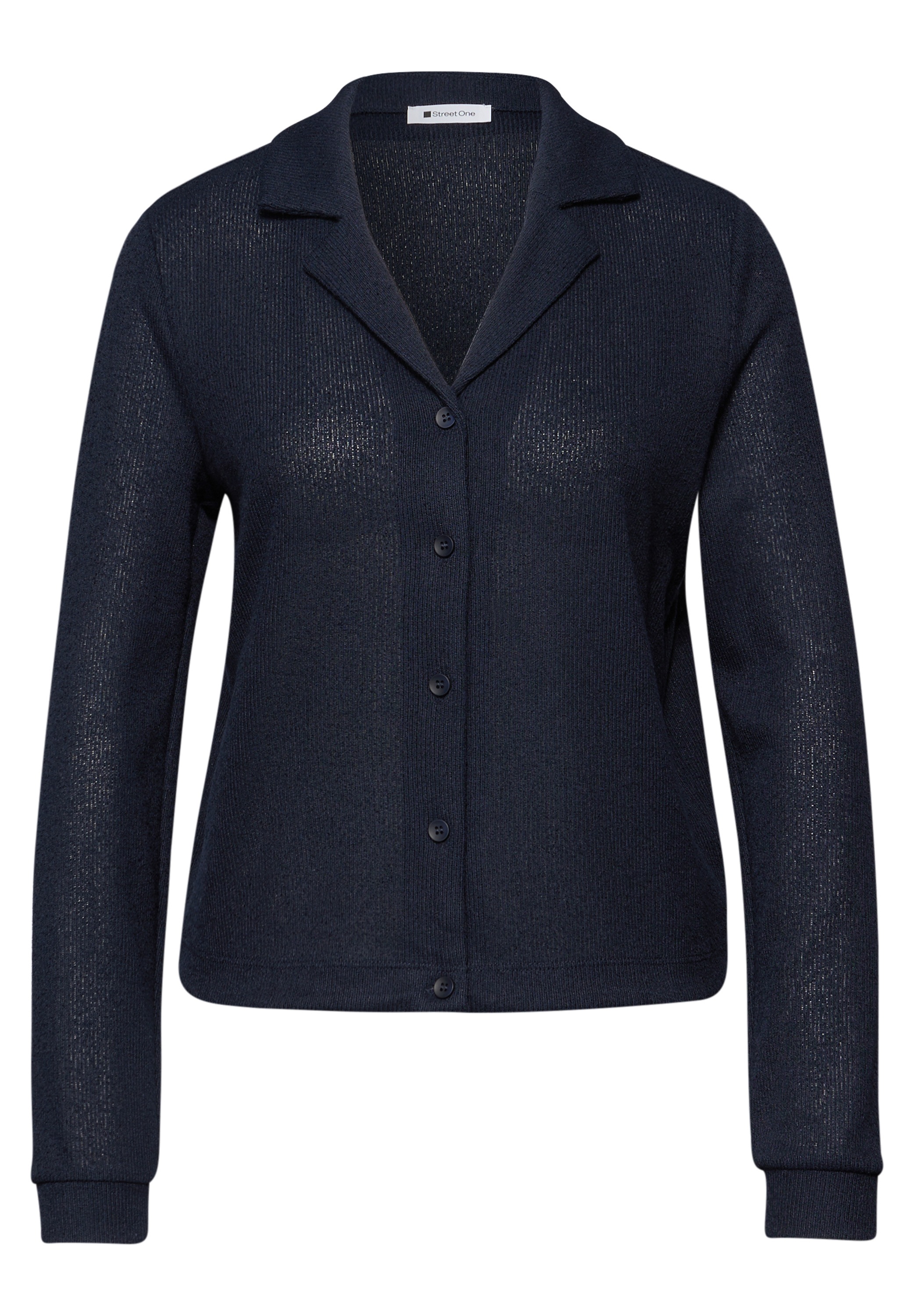 Cardigan STREET ONE, Damen, Gr. 44, shadowed navy, Stoff, 50% Viskose, 47% Polyester, 3% Elasthan, unifarben, regular fit normal, V-Ausschnitt, Bündchen, Strickjacken, mit Knopfleiste 3