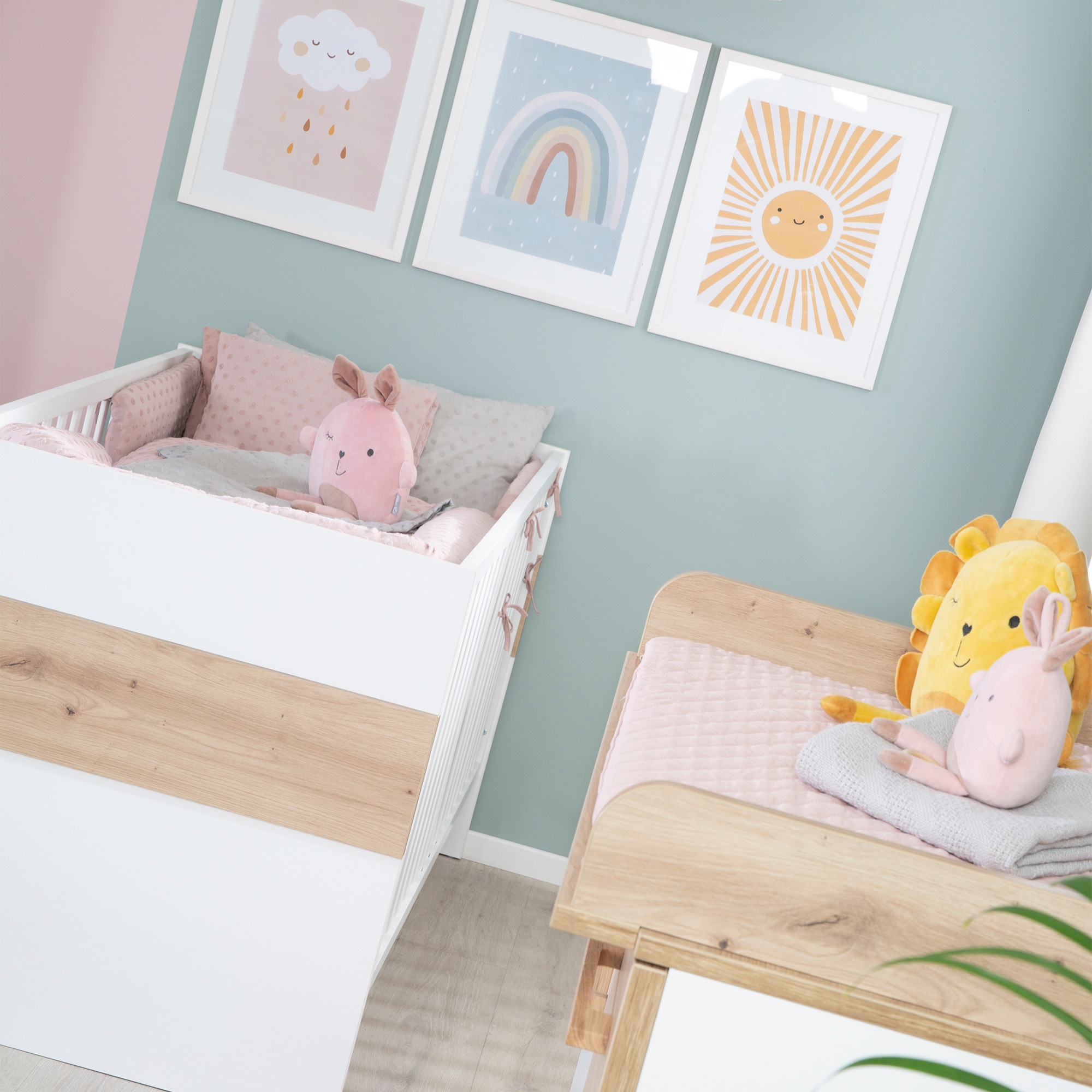 roba® Babyzimmer-Komplettset »Lion, Weiß/Artisan Eiche«, (Spar-Set, Babybett 70x140 cm, Wickelkommode), moderne & zweifarbig - Gitterbett: umbaubar, höhenverstellbar