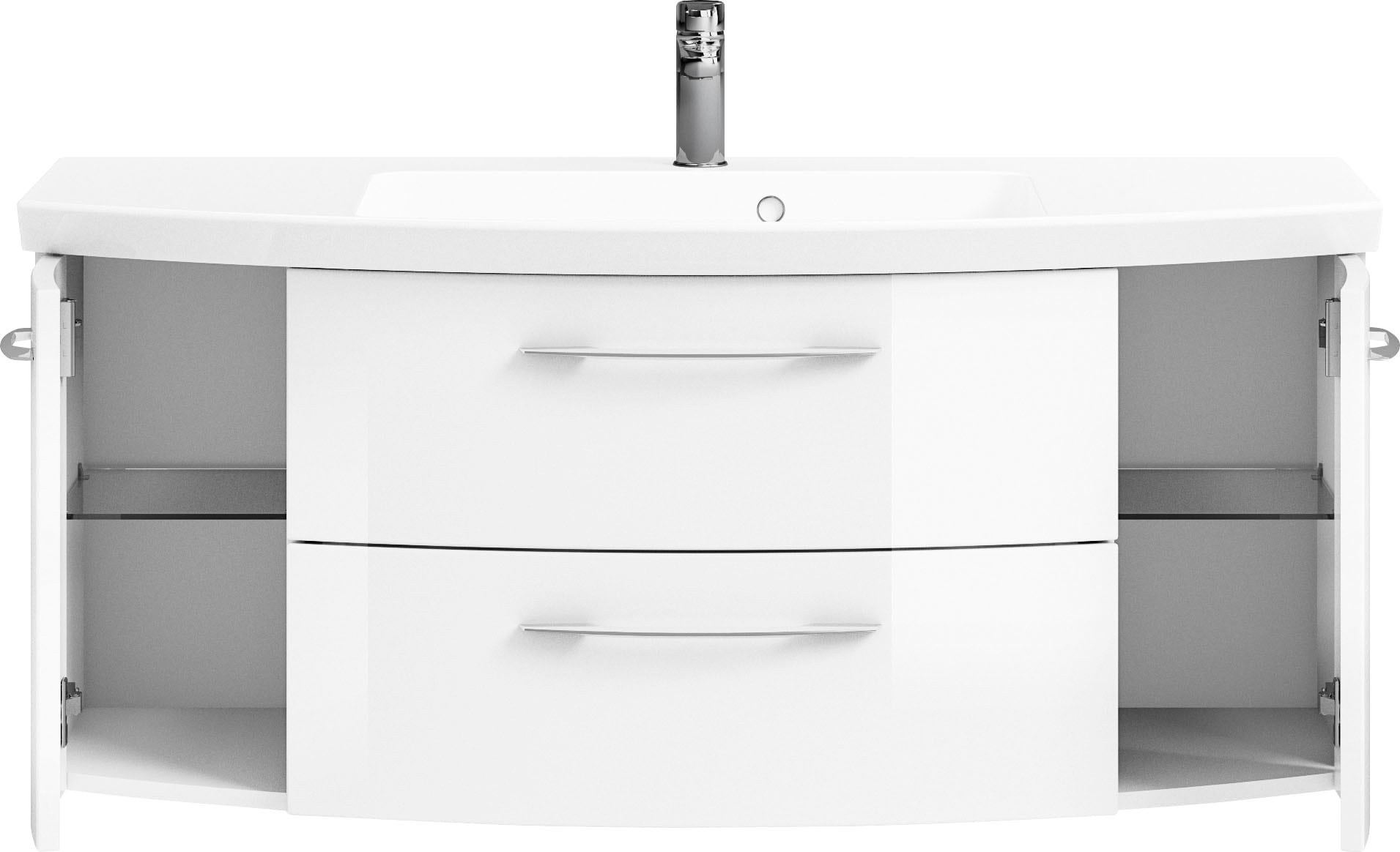Saphir Badmöbel-Set »Cassca Sprint 4-teilig Mineralmarmor-Waschtisch mit LED-Spiegelschrank«, (5 St.), Midischrank, Unterschrank, inkl. Türdämpfer, 7 Türen, 5 Schubladen
