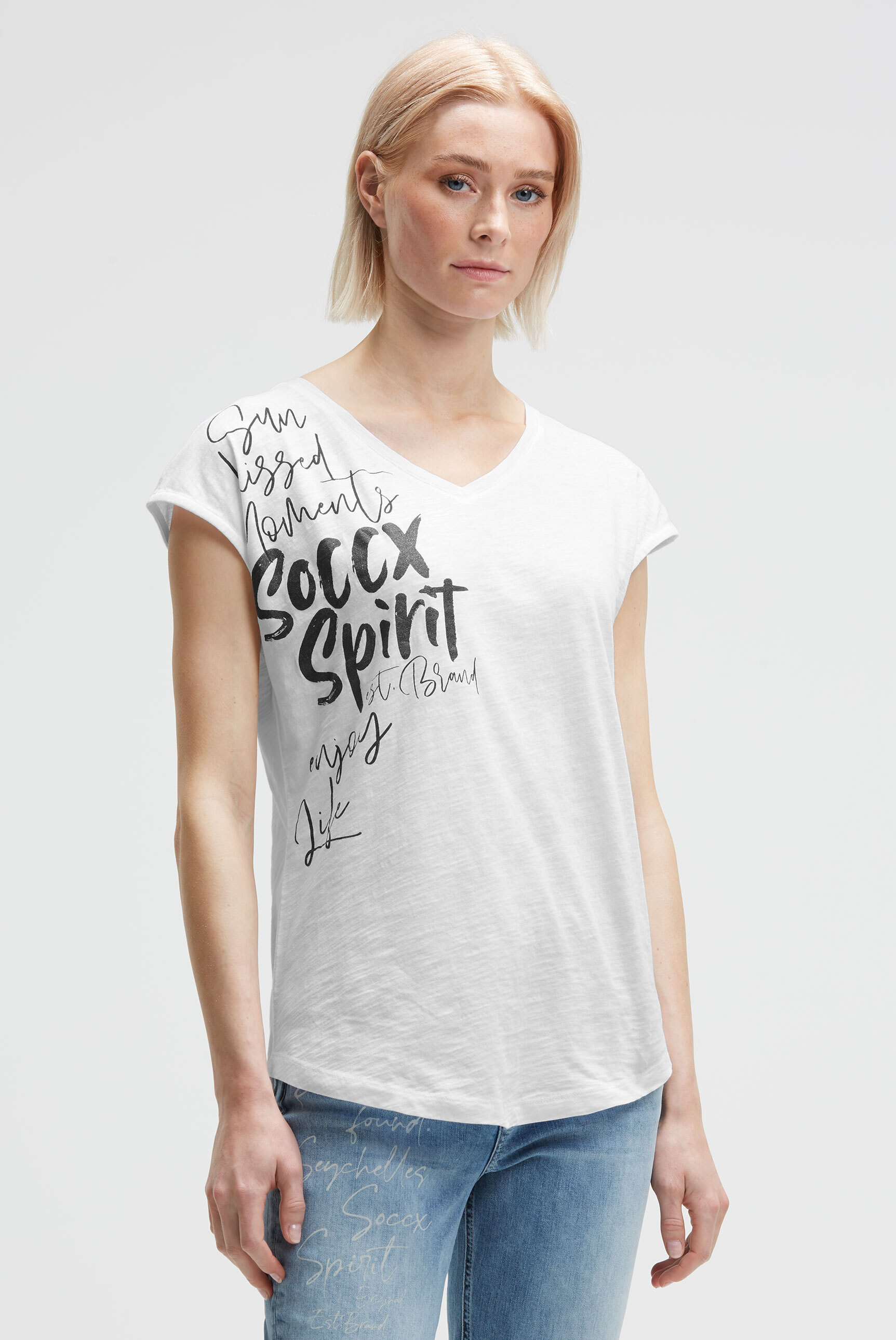 V-Shirt SOCCX, Damen, Gr. M, weiß, Single Jersey, Material: 100% Baumwolle, Glitzermuster, bedruckt, regular fit normal, V-Ausschnitt, angeschnitten gerader Abschluss, Shirts, mit überschnittenen Schultern