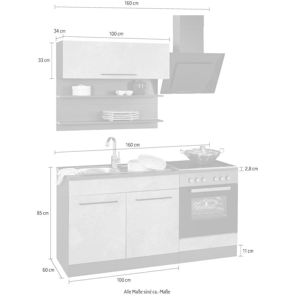 HELD MÖBEL Küchenzeile »Tulsa«, Breite 160 cm, schwarze Metallgriffe, hochwertige MDF Fronten