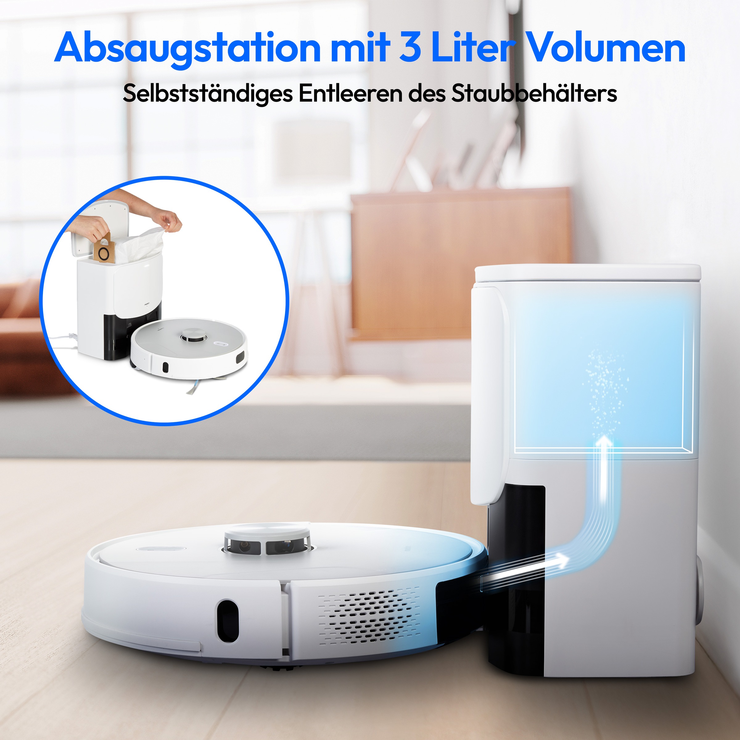 Medion® Saugroboter »X42 SW+ mit Absaugstation, 8.000 Pa Saugleistung, 240min Laufzeit«, Nass- und Trocken Saugroboter, Teppicherkennung, Lasernavigation
