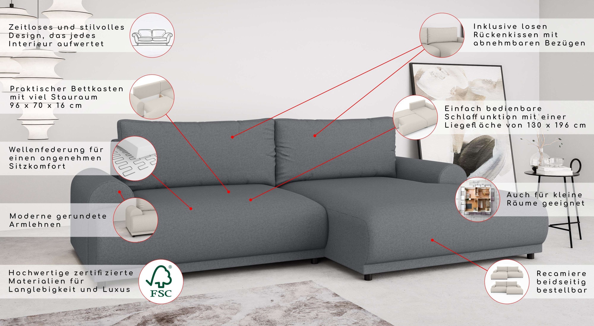INOSIGN Ecksofa »Marsby, mit Bettfunktion und Bettkasten, Maße: B/H/T 242/65/145 cm«, L-Form mit Wellenunterfederung, Recamiere links oder rechts bestellbar