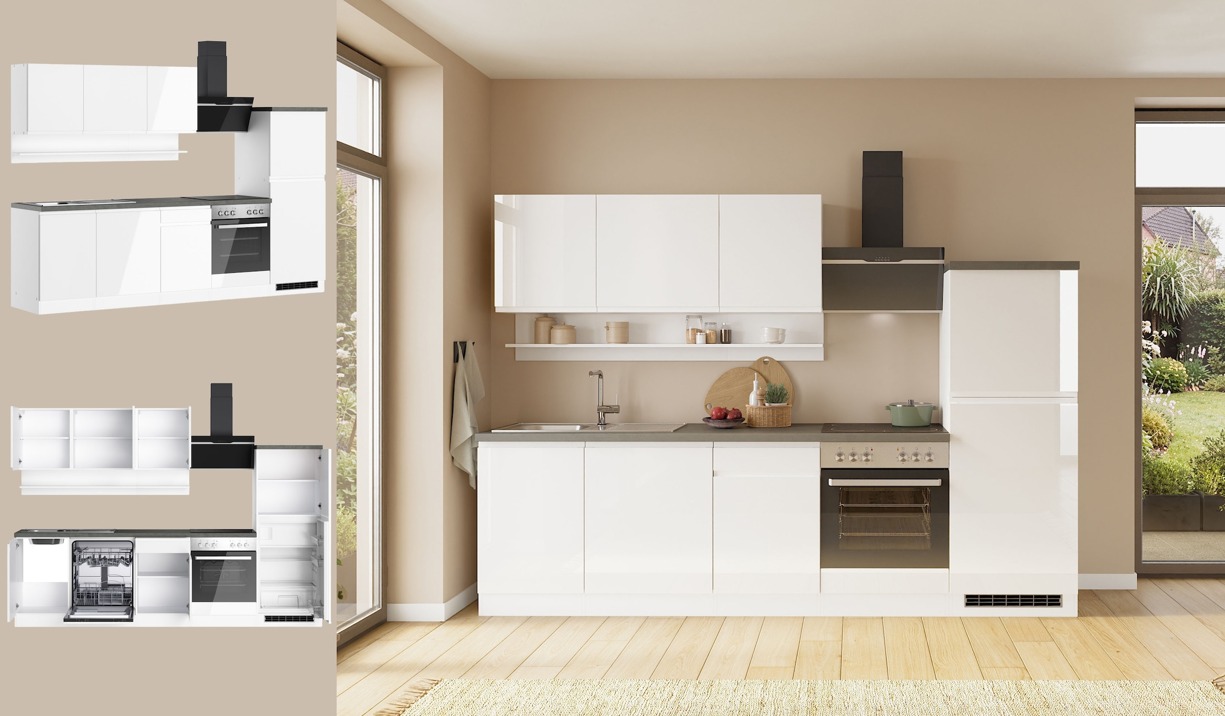 KOCHSTATION Küchenzeile »KS-Virginia,neu in verbesserter Ausführung« Arbeitsplatte 38 mm stark, Stauraum, Softclose,  Breite 280 cm, Soft-Close, wahlweise mit E-Geräten