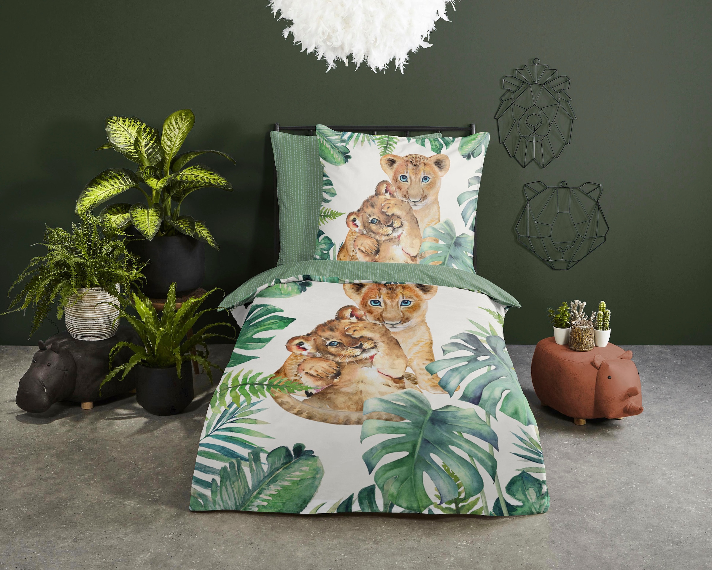 good morning Kinderbettwäsche »Jungle«, 100% Baumwolle, 135x200, Reißverschluss, Wendeoptik, Kind, Löwe, Grün
