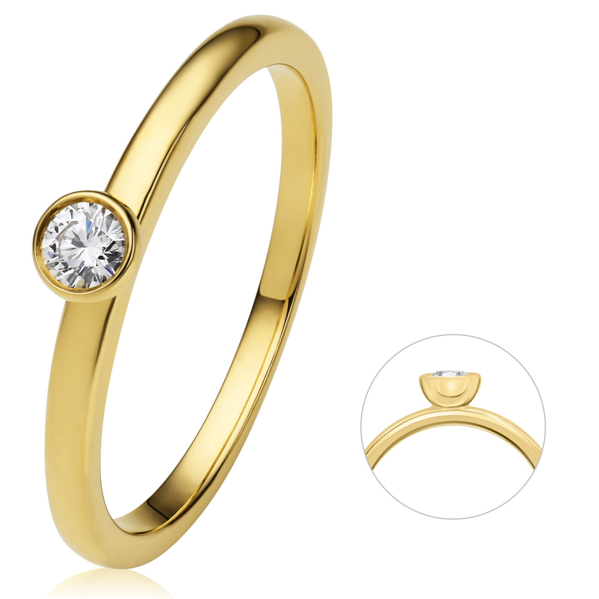 Diamantring »0.1 ct Diamant Brillant Zarge Ring aus 750 Gelbgold«, Damen Gold Schmuck...